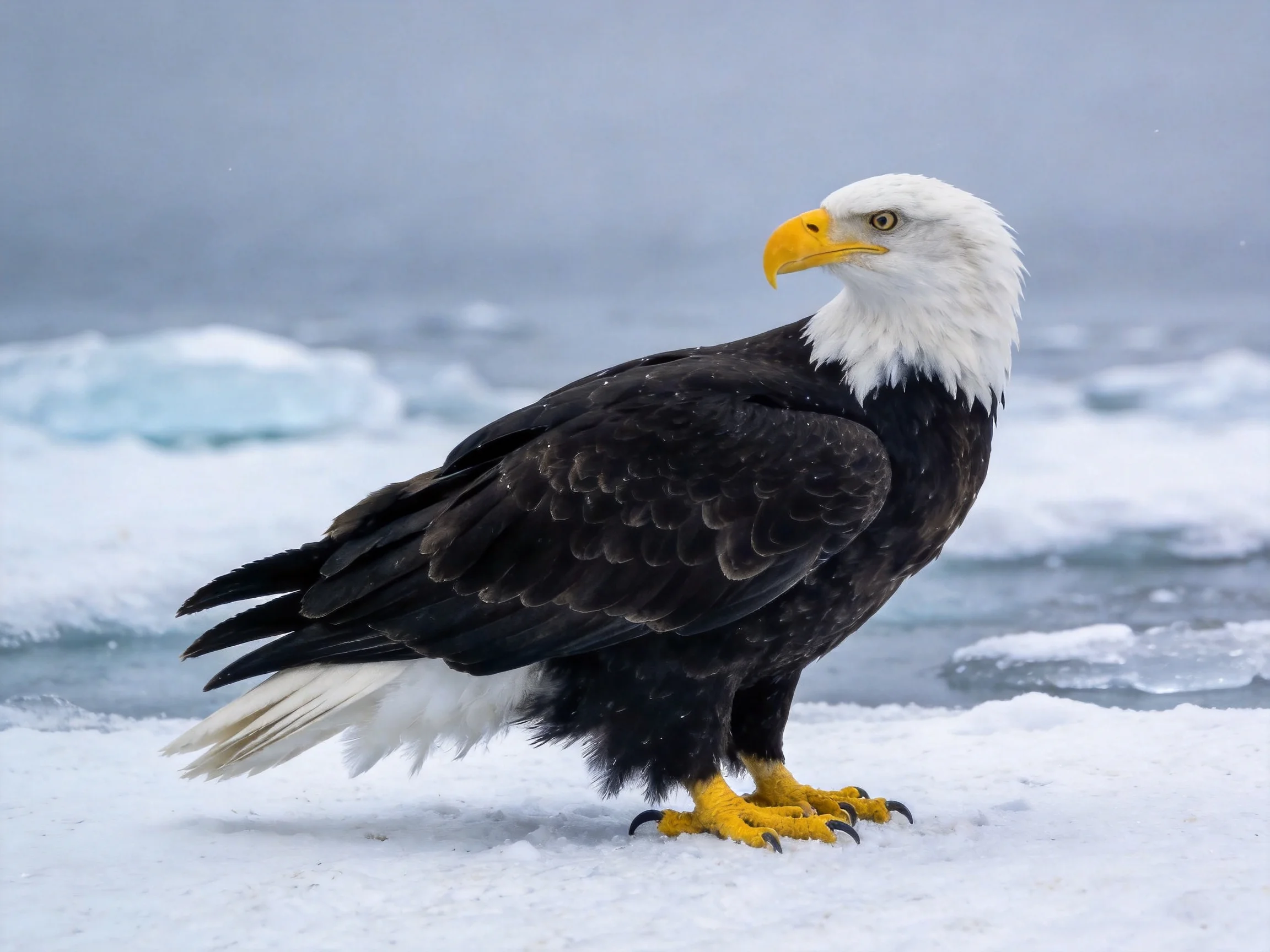 A majestic bald eagle stands on icy snow near frozen water