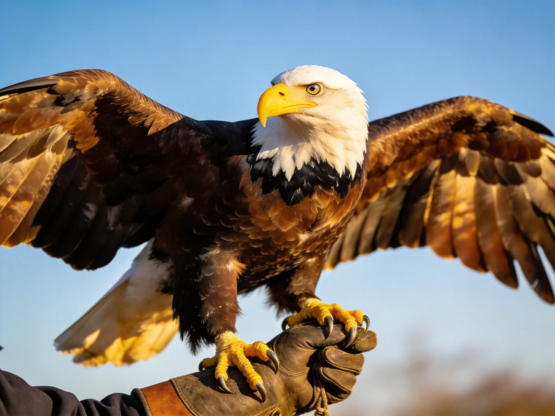 A majestic bald eagle with outstretched wings on a handlers glove