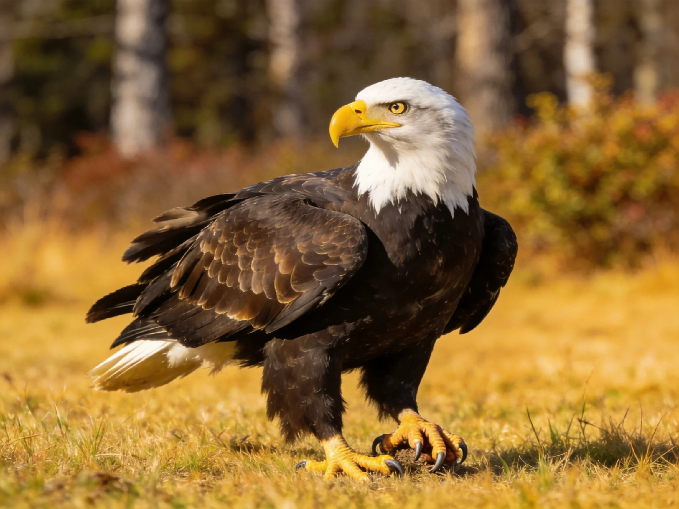 A majestic bald eagle with white head and brown wings stands on golden grass