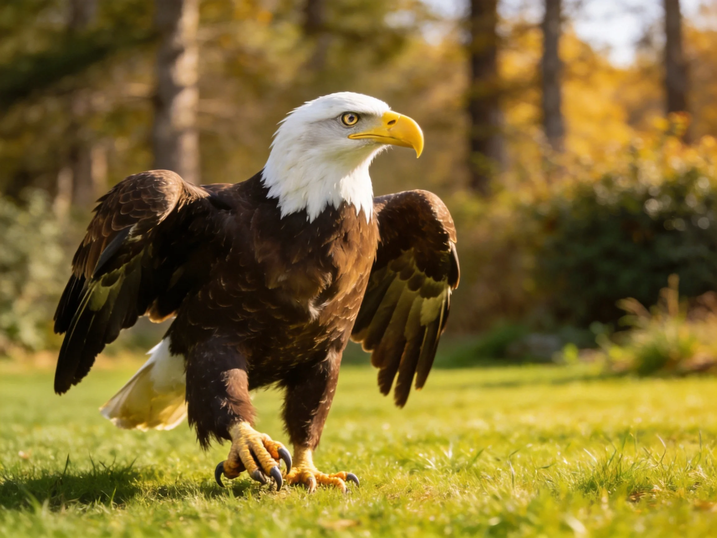 A bald eagle with a white head and brown plumage traverses a grassy landscape.