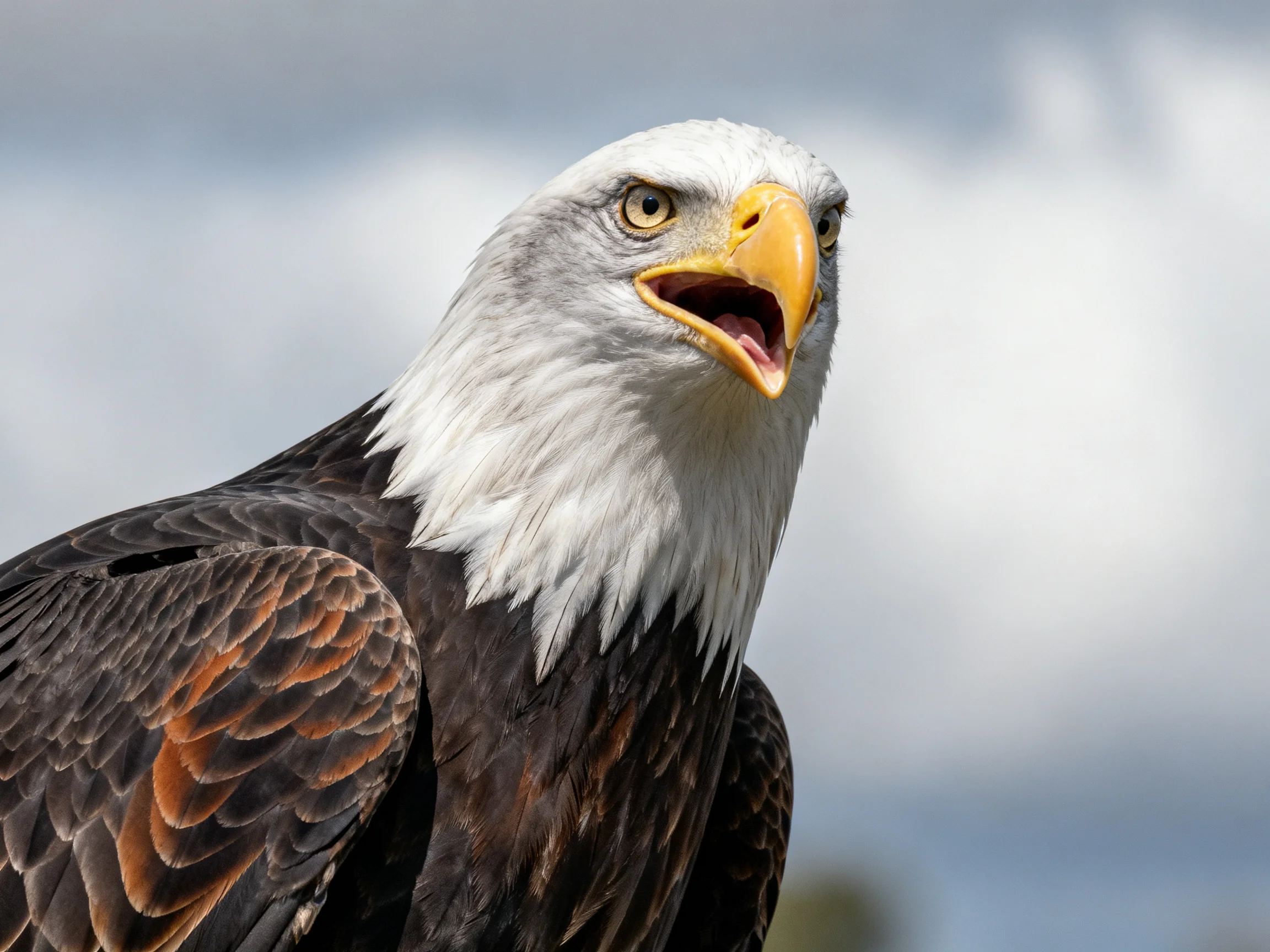 A majestic bald eagle with white head and dark brown wings