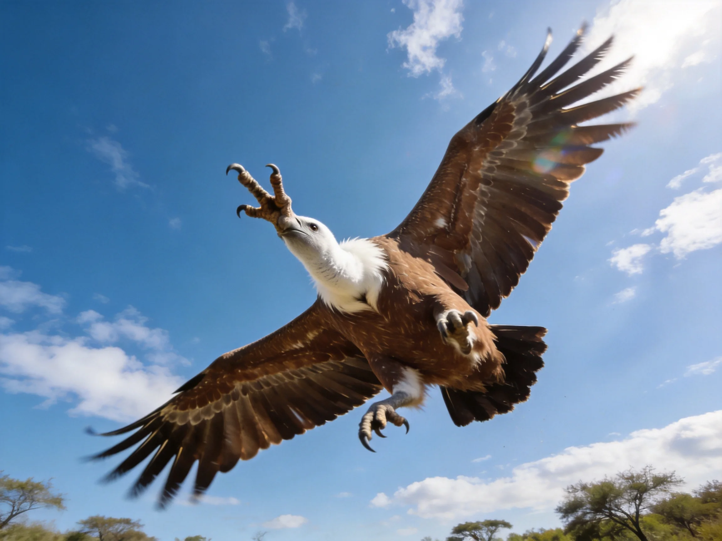 A brown-and-white eagle soars through a clear blue sky.