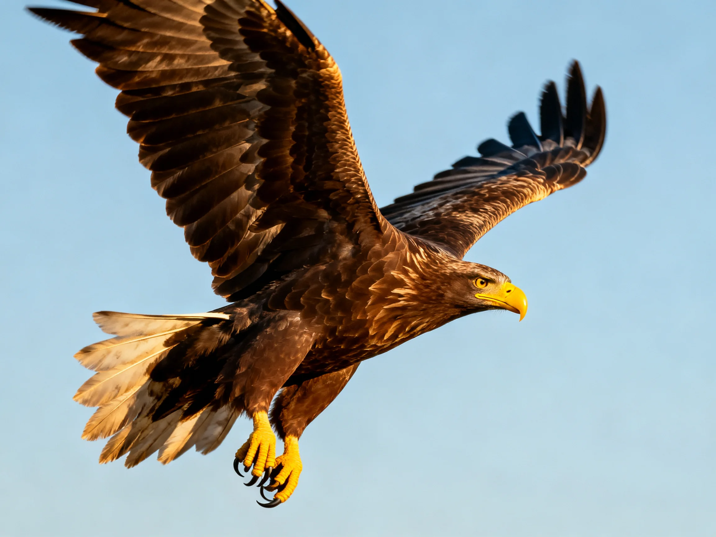 A majestic brown eagle flies with spread wings against clear sky