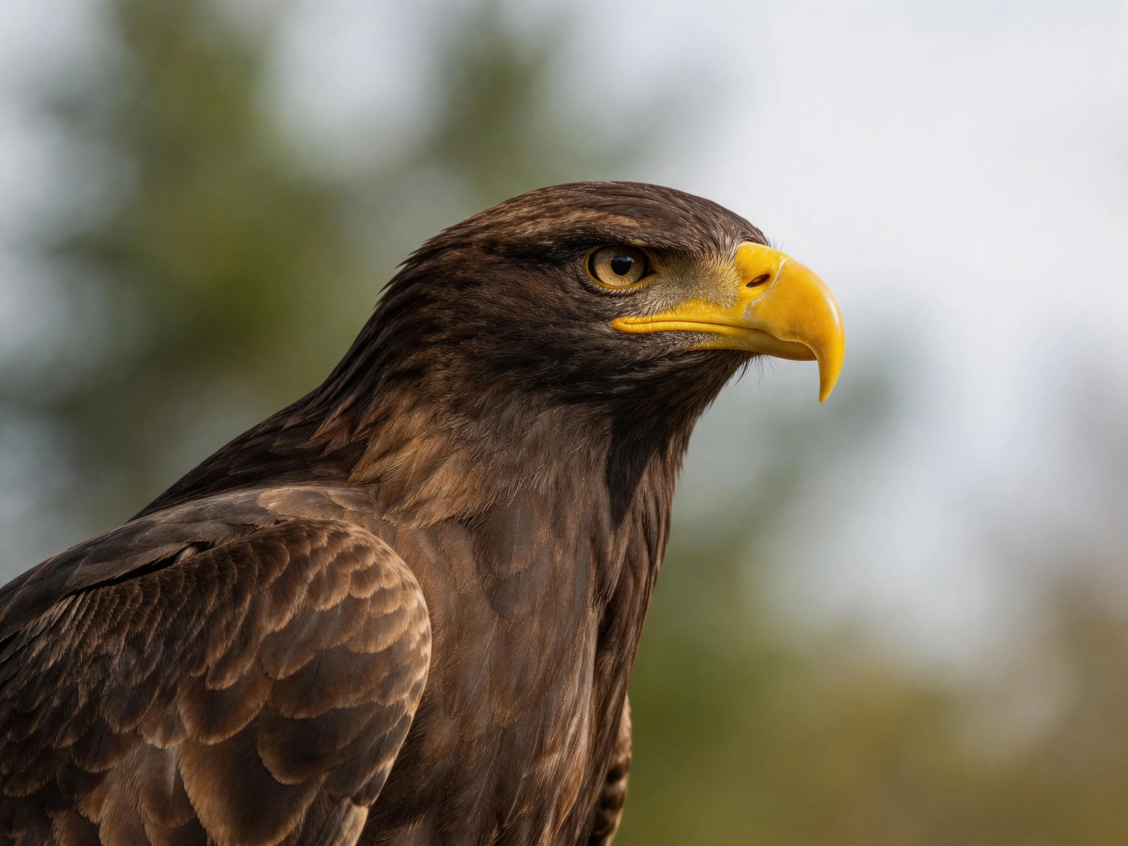 A majestic brown eagle with a bright yellow beak