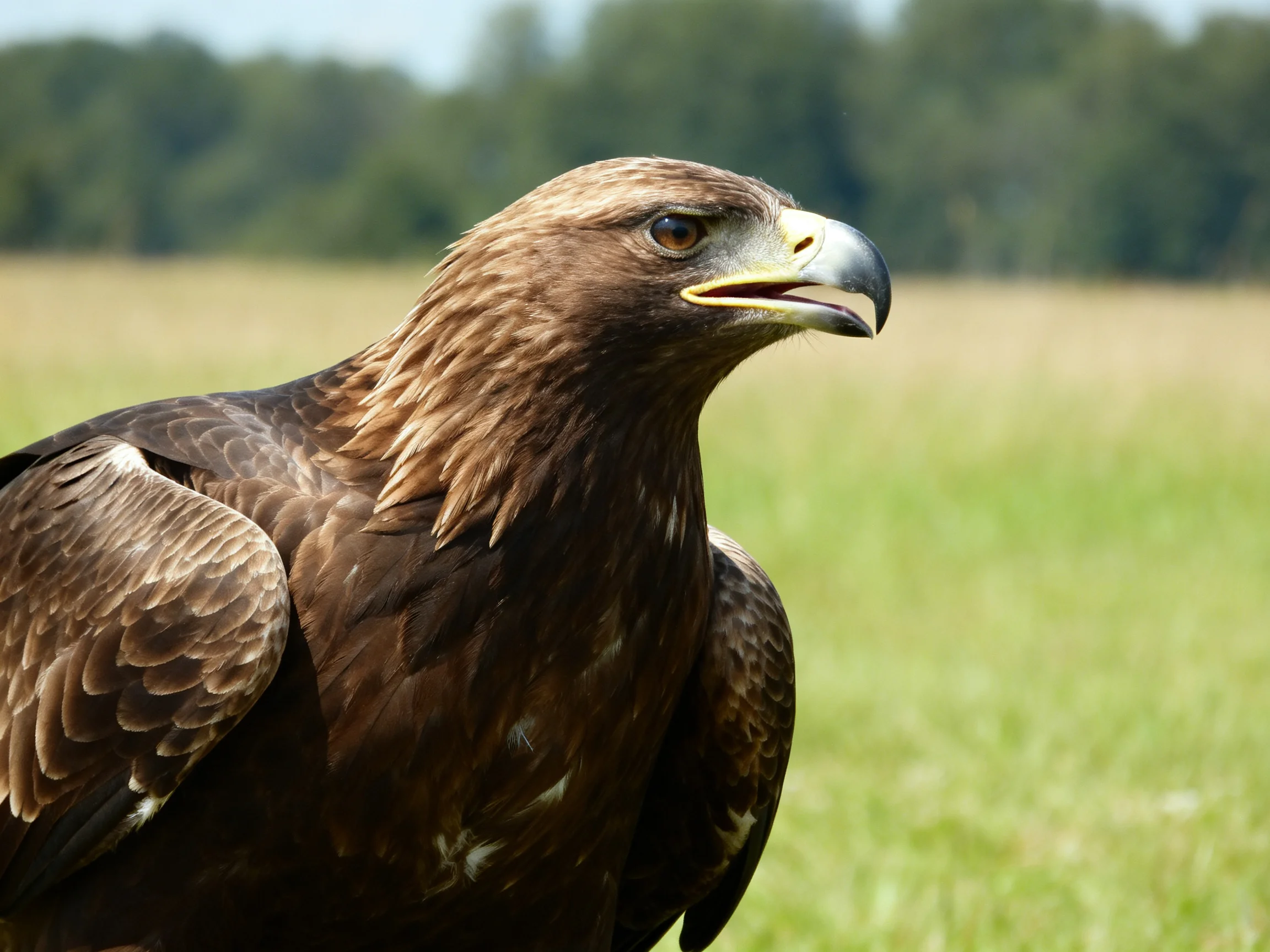 A majestic brown eagle with sharp beak in an open field
