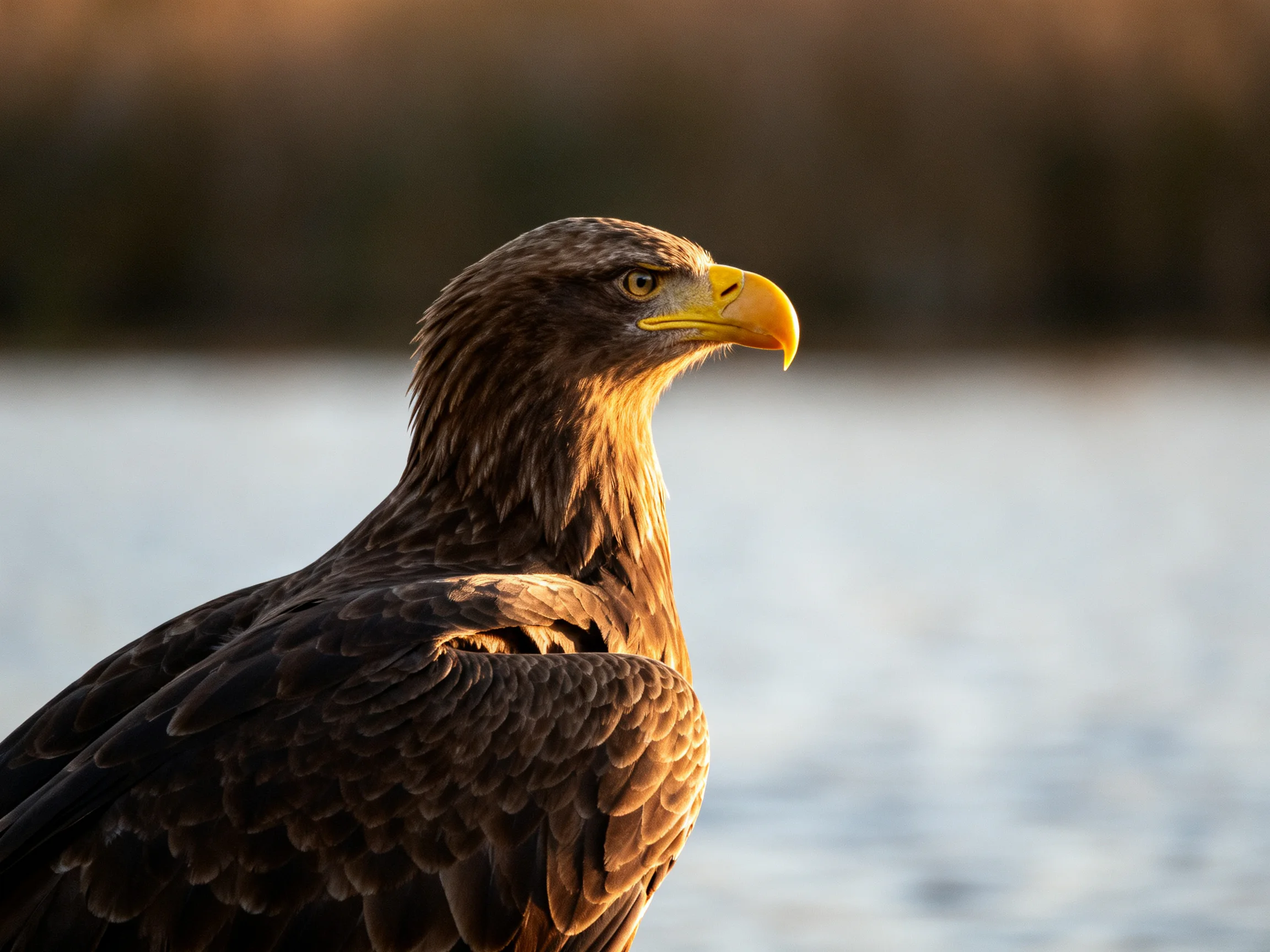 A brown-feathered eagle with a yellow beak stands near calm waters.