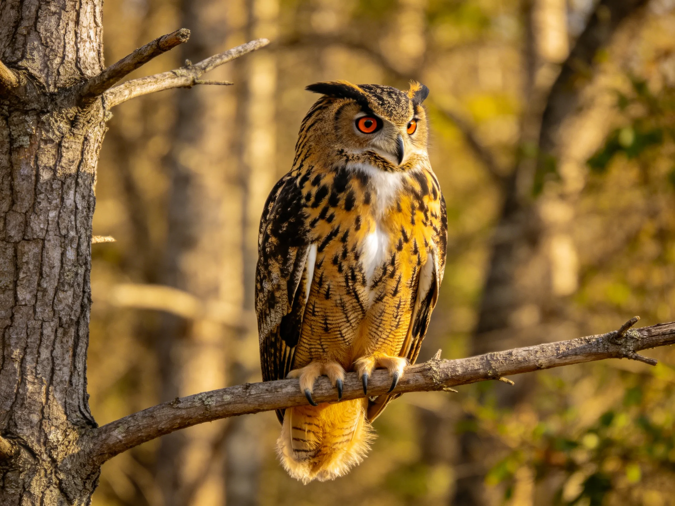 A majestic eagle owl with red eyes perched on a tree branch