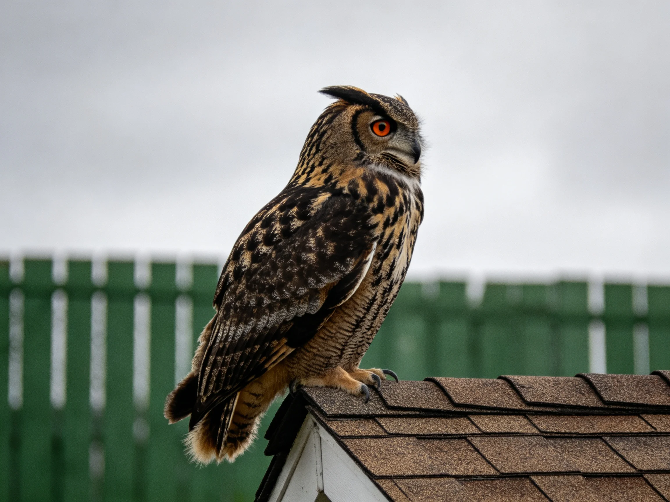 A majestic owl with vibrant orange eyes perched on a shingled roof