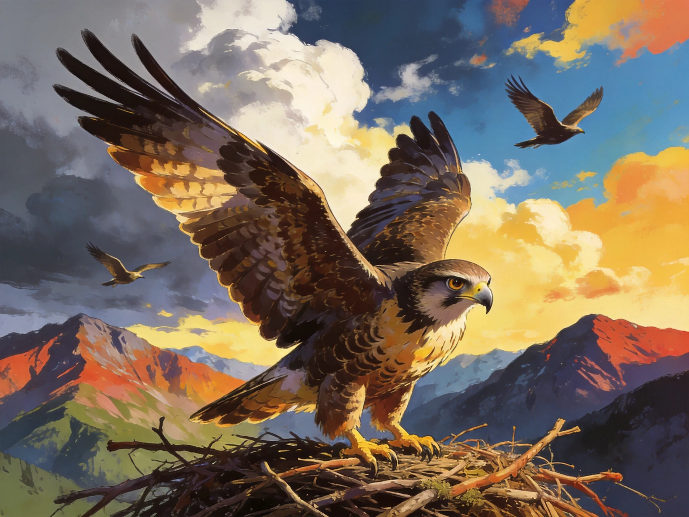 A majestic raptor perched atop a nest near vibrant mountain peaks