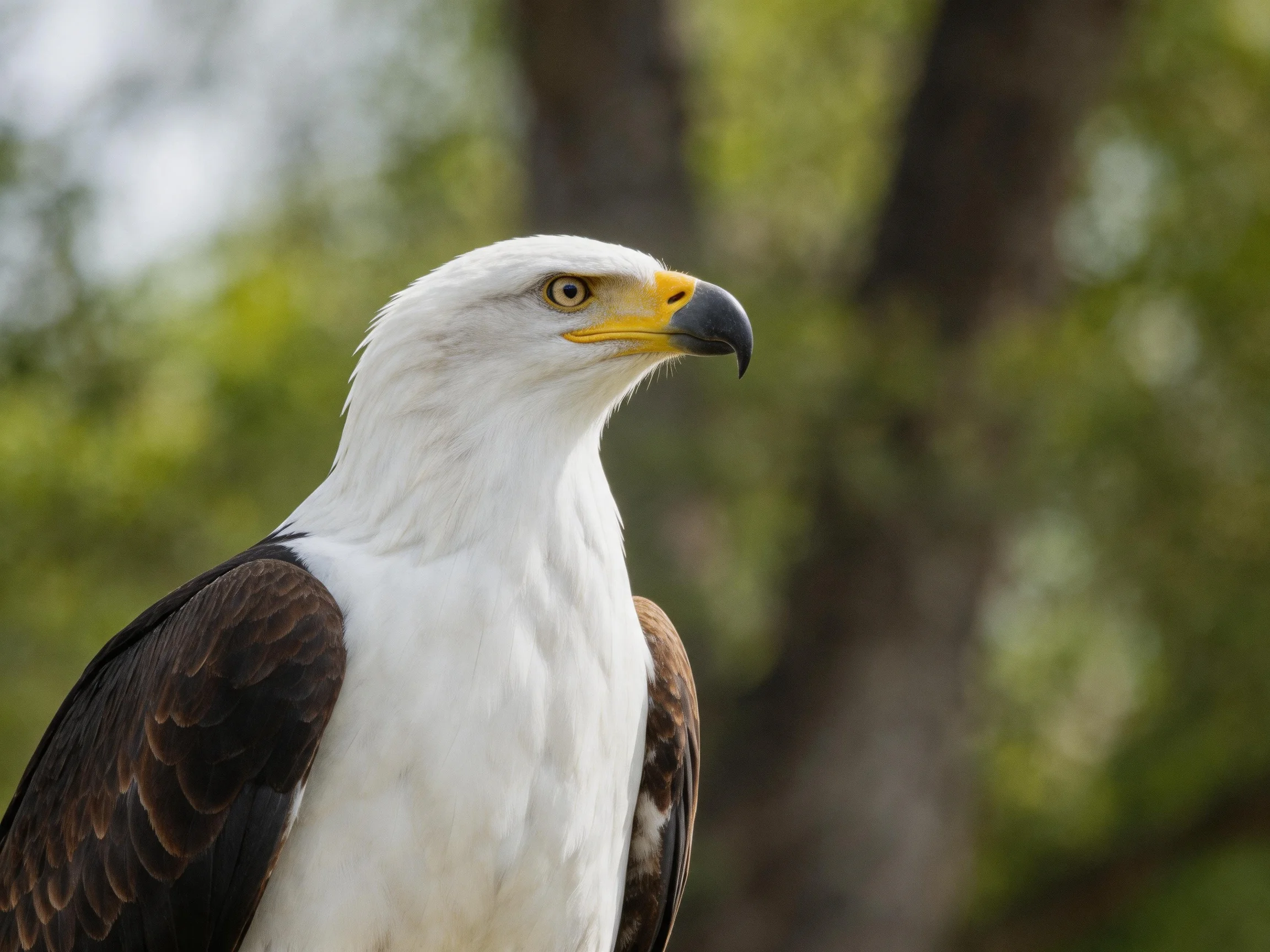 A close - up view of a majestic white-headed eagle with dark brown wings.