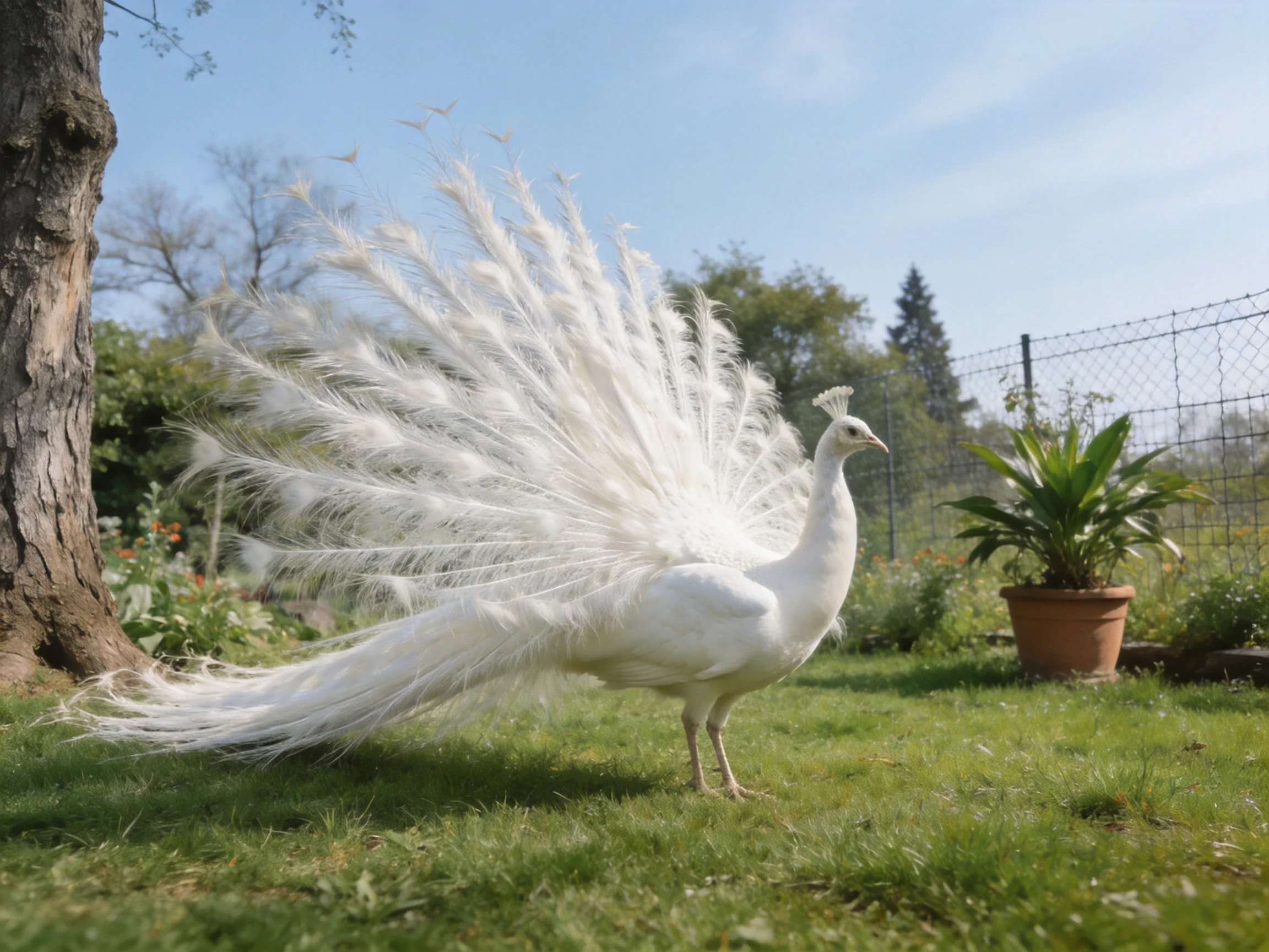 A majestic white peacock spreads its feathers in a sunny garden
