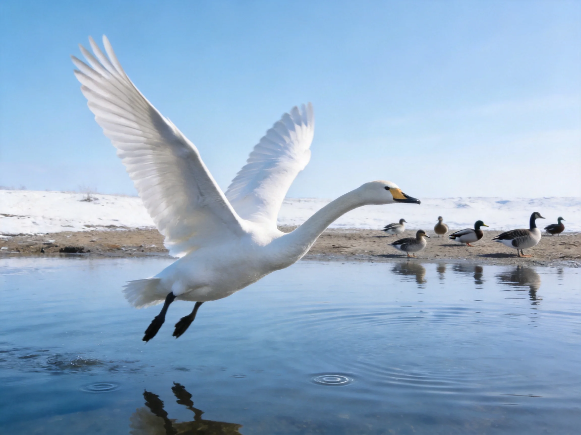 A majestic white swan flies over calm water near small ducks
