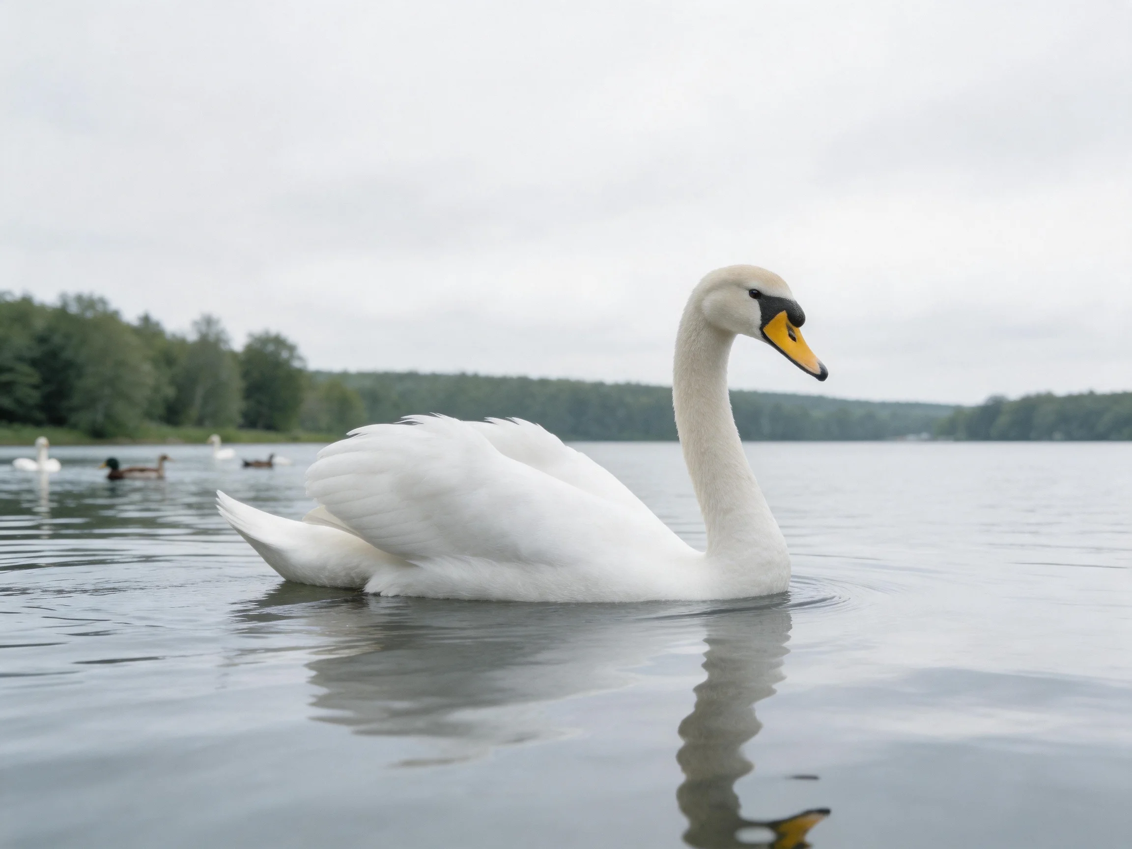 A majestic white swan gliding on calm waters near forested shores