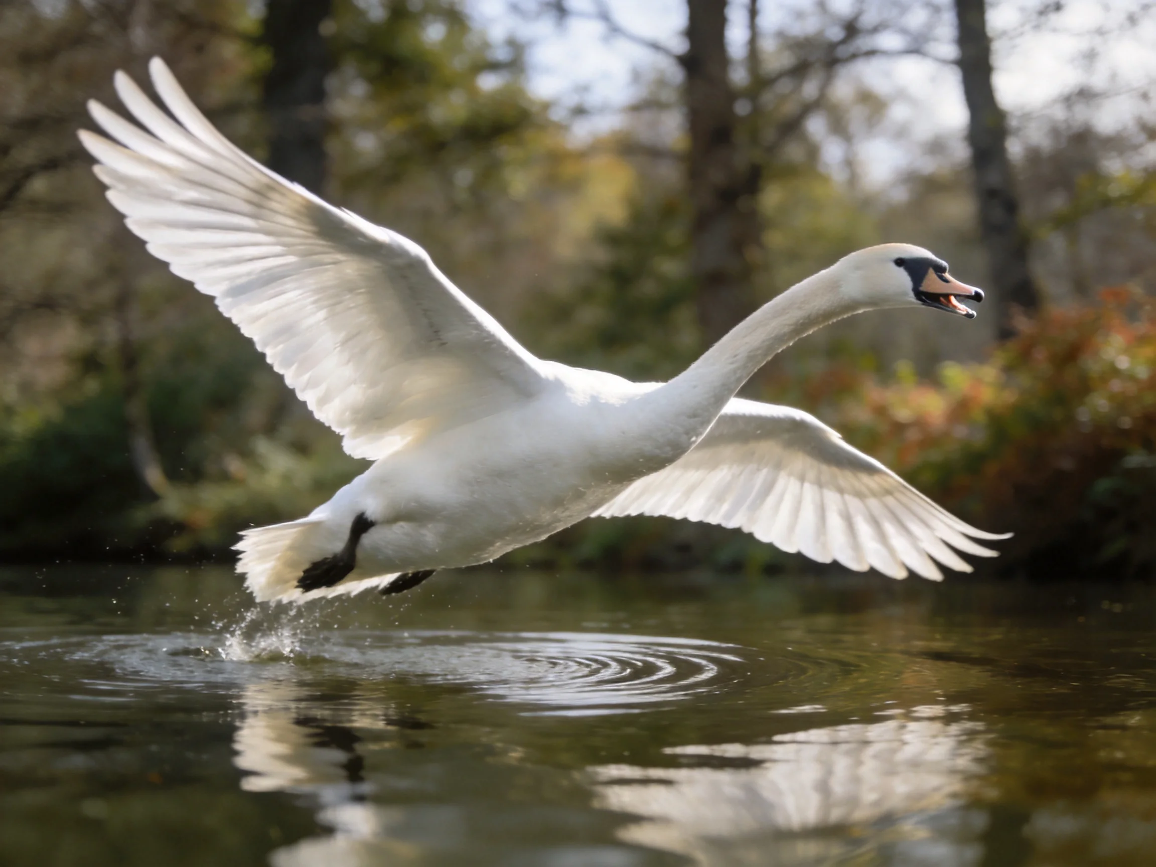 A majestic white swan soaring above calm water