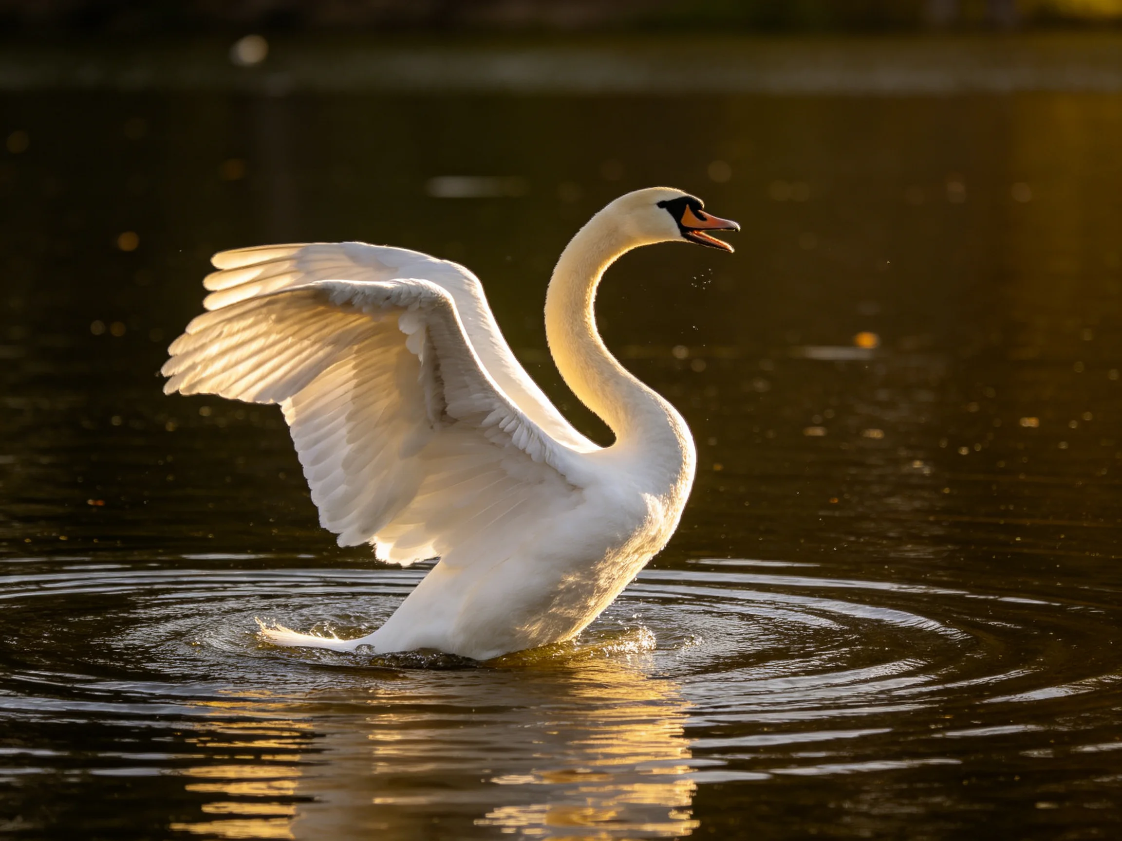 A majestic white swan spreading wings in golden water