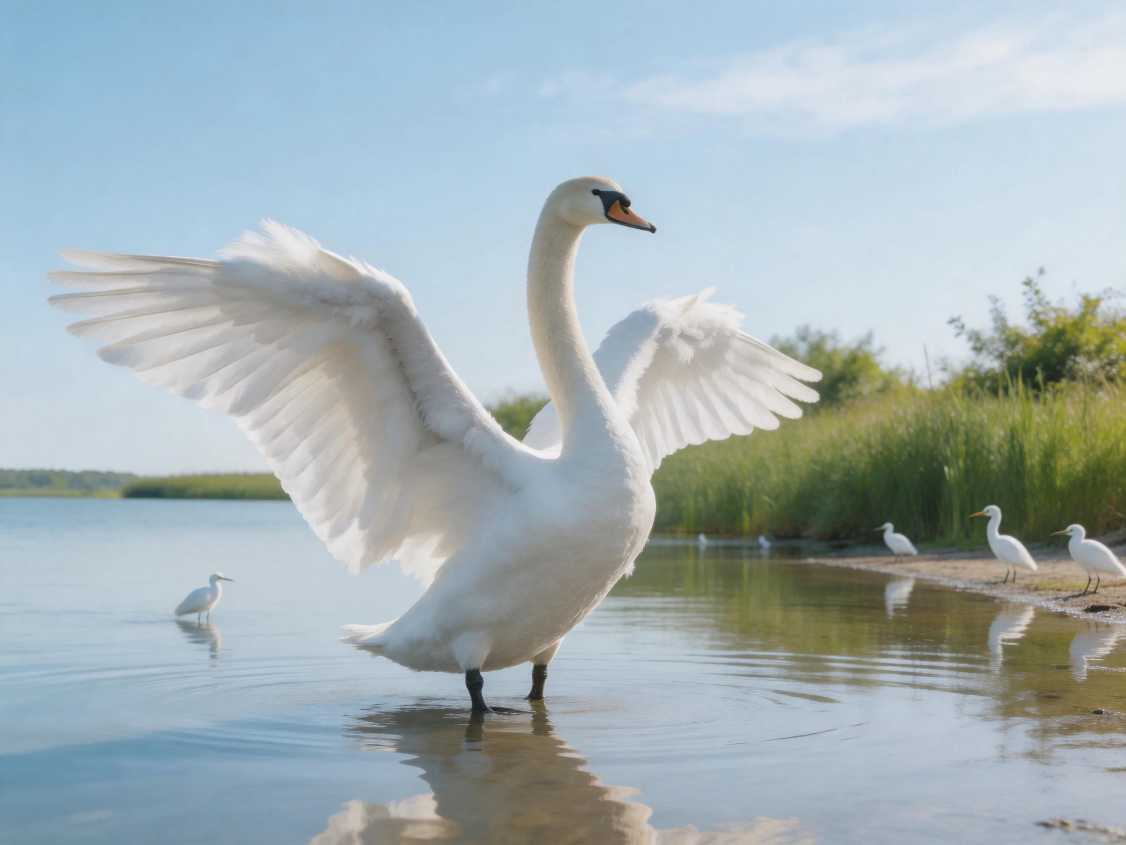 A majestic white swan spreads wings in shallow water