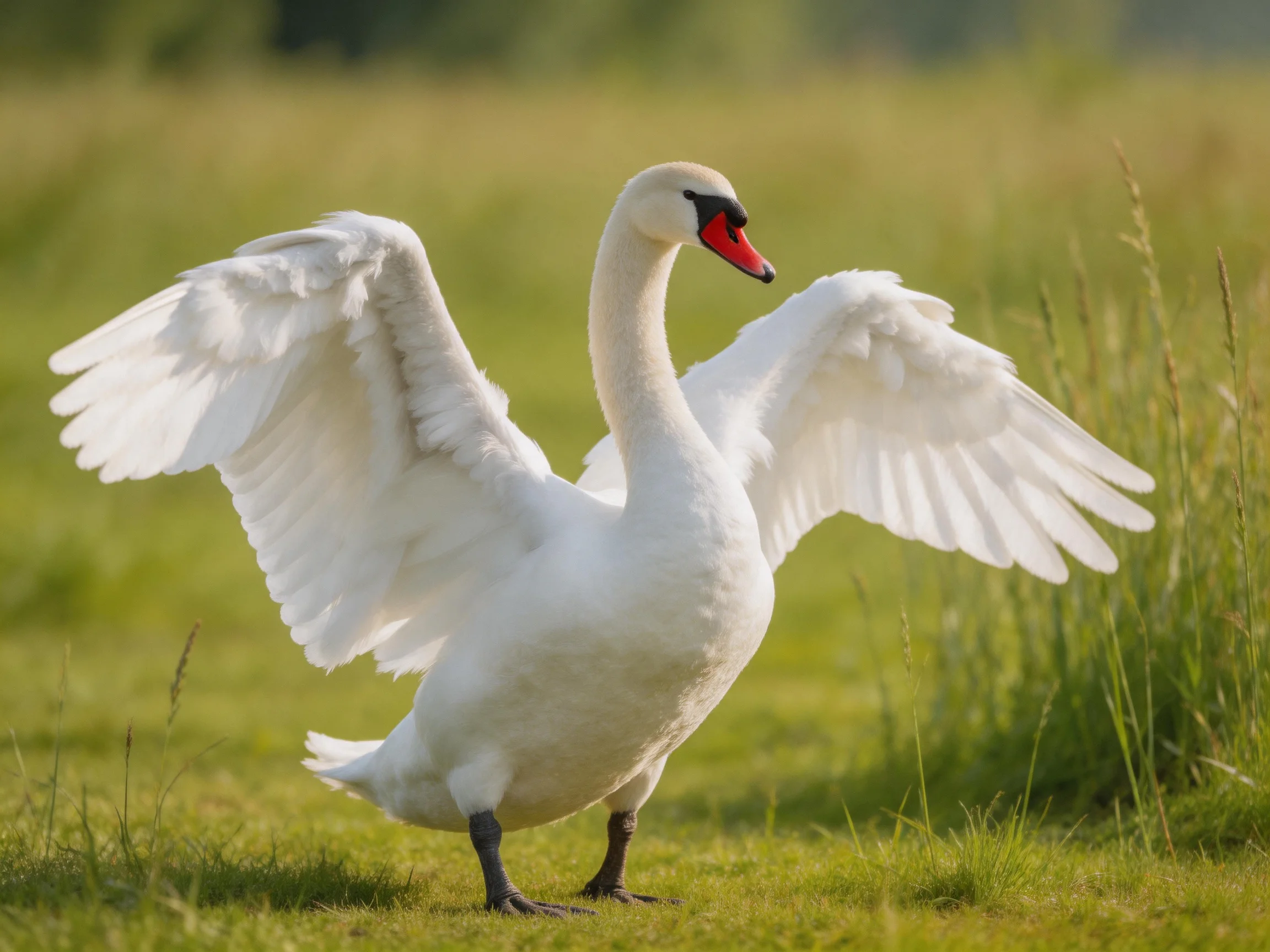 A majestic white swan spreads wings on a lush green field