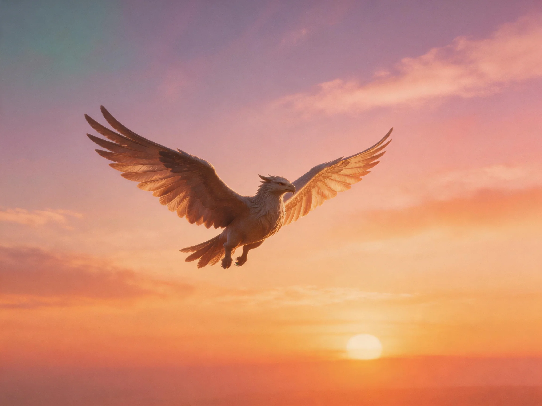 A majestic winged creature soars through vibrant sunset skies