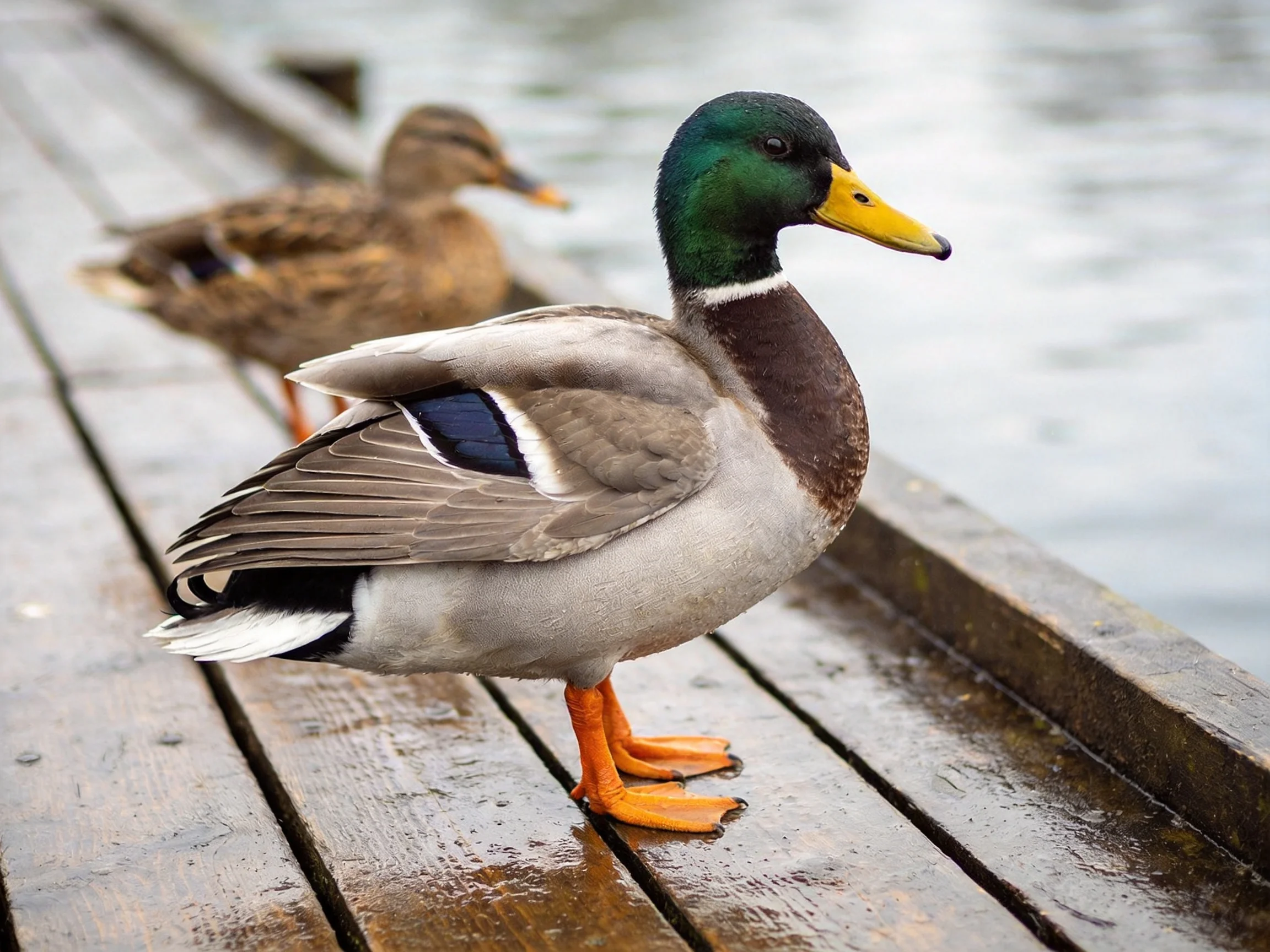 A male mallard and female duck on a wet wooden dock by calm water
