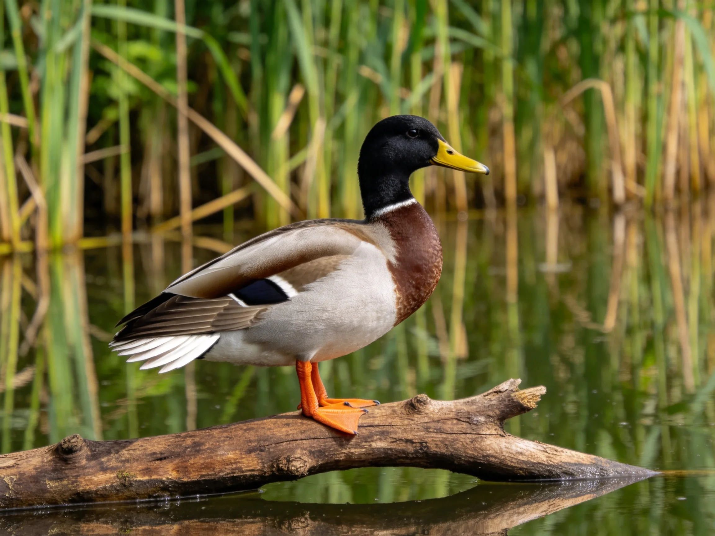 A male mallard duck perched on a weathered log over calm water