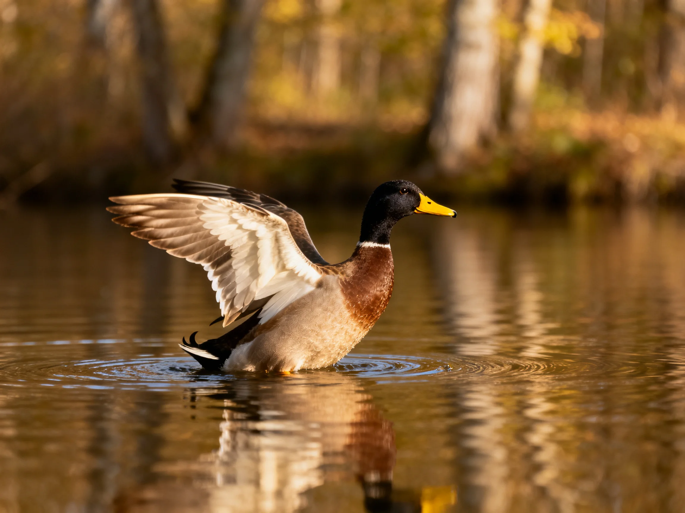 A male mallard duck spreading wings in golden forest pond waters