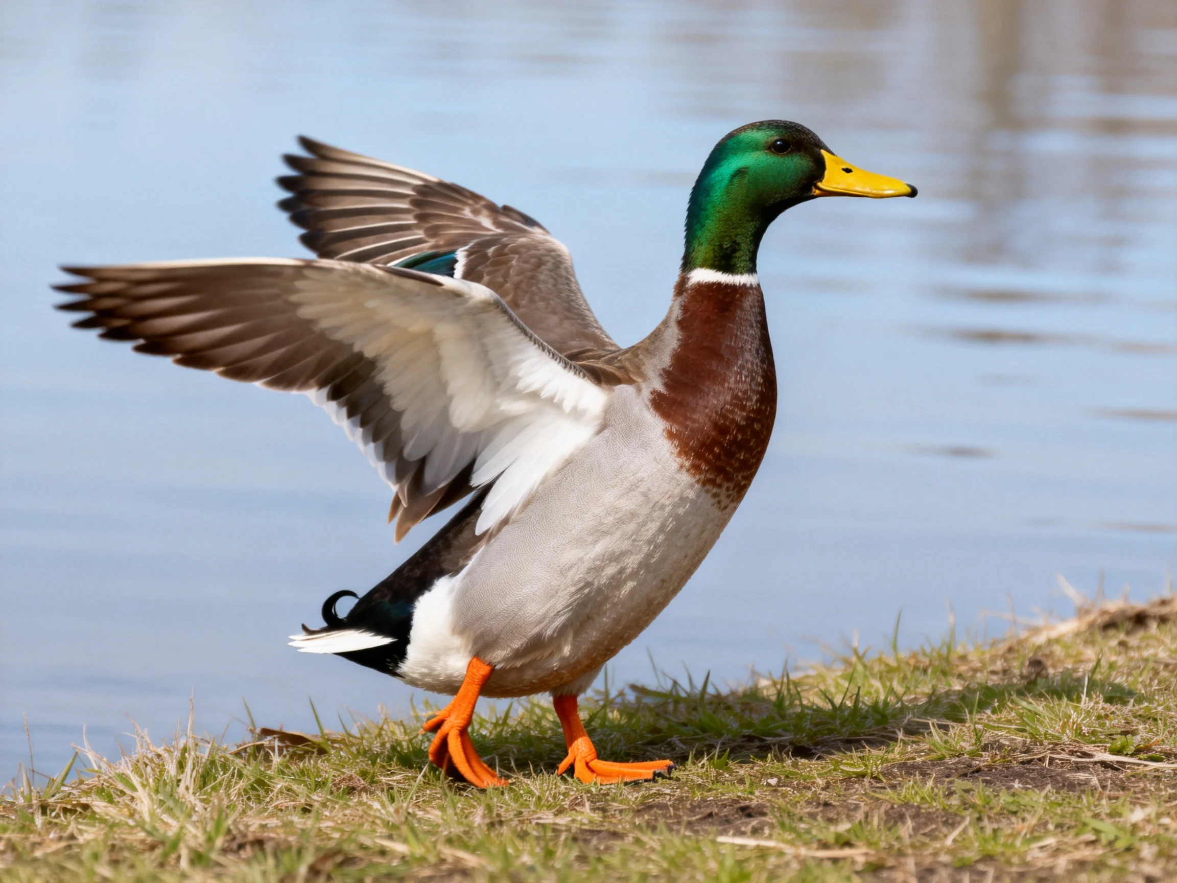 A male mallard duck spreading wings near calm water