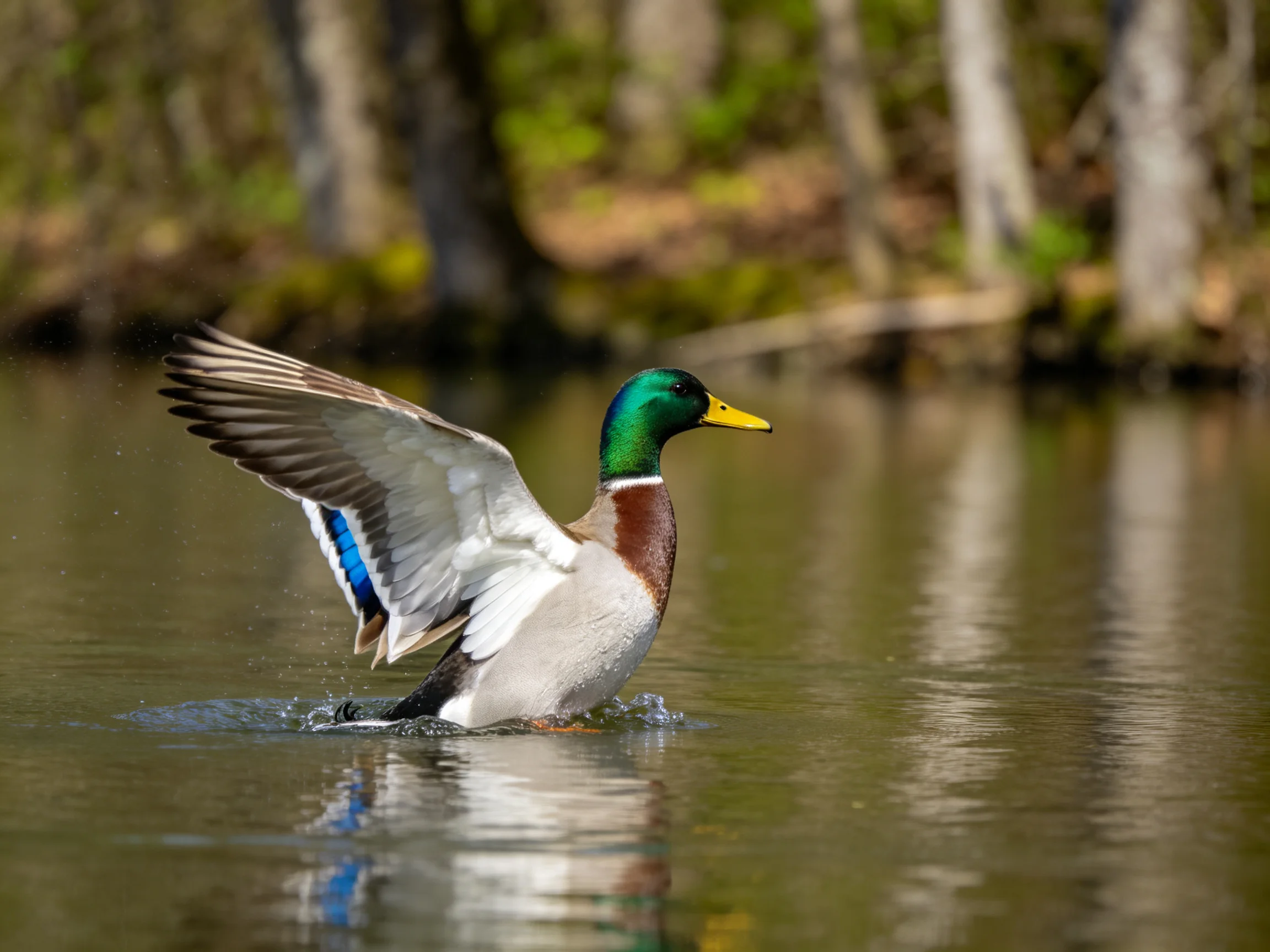 A male mallard duck spreads wings in calm water near trees