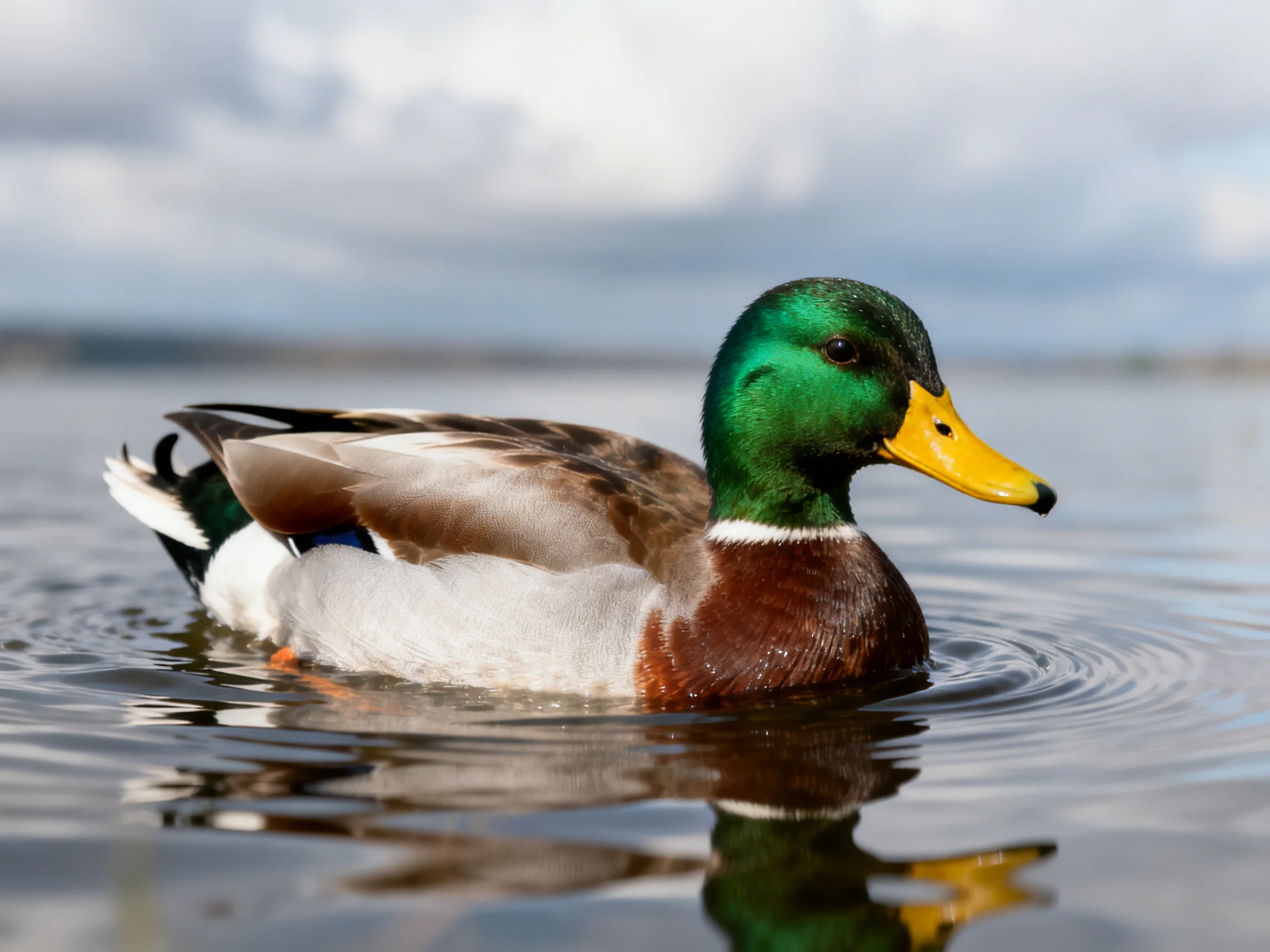 A male mallard duck swimming in calm water
