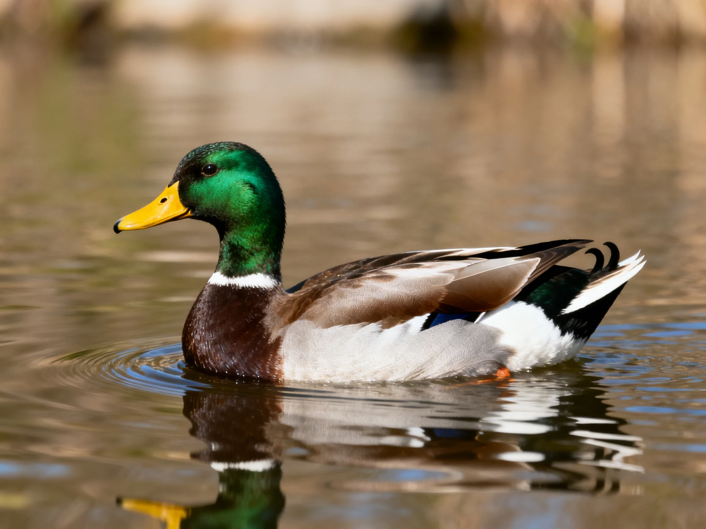 A male mallard duck swimming in calm water with vibrant plumage