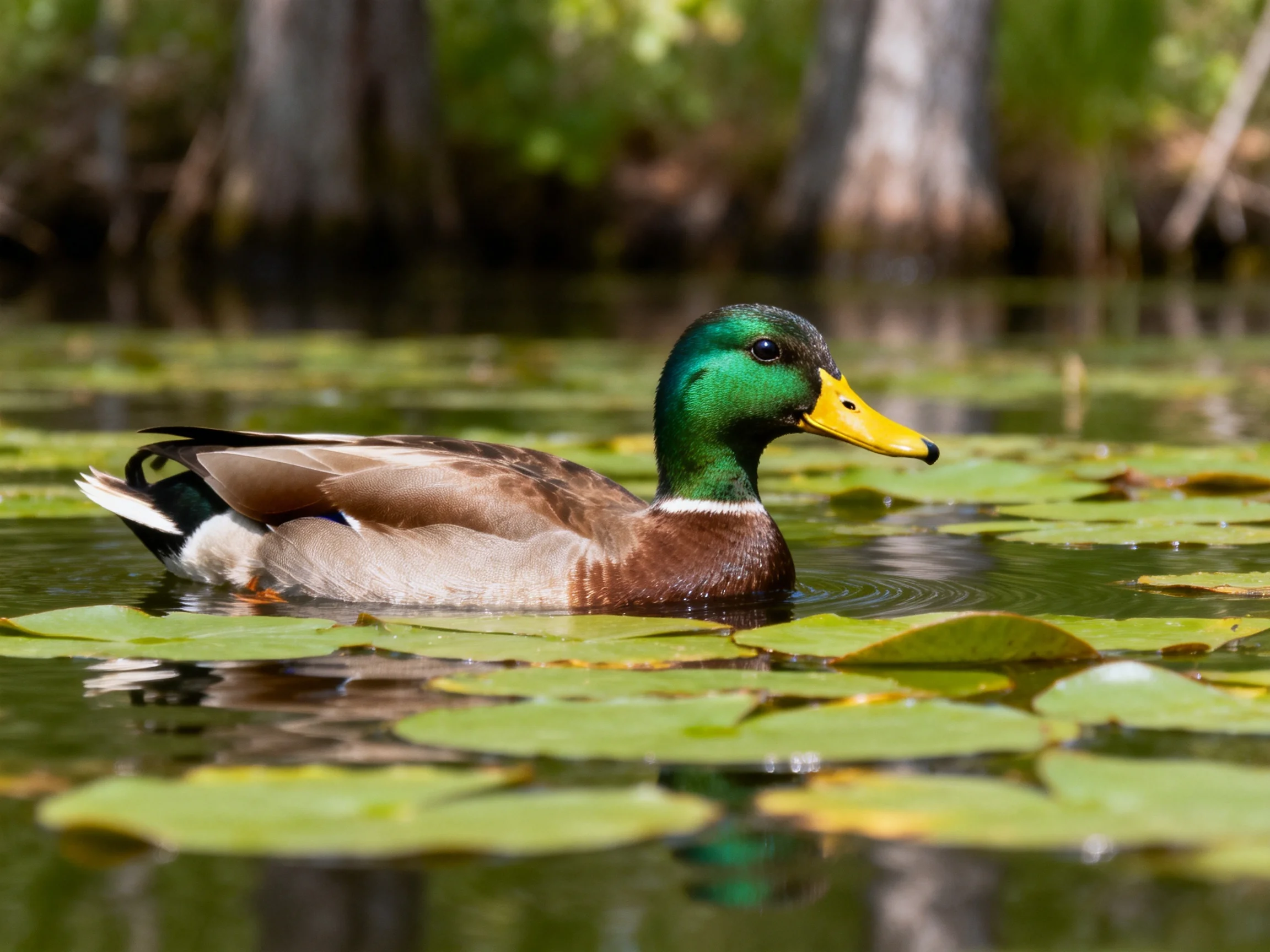 A male mallard duck swims amid green lily pads in a tranquil pond