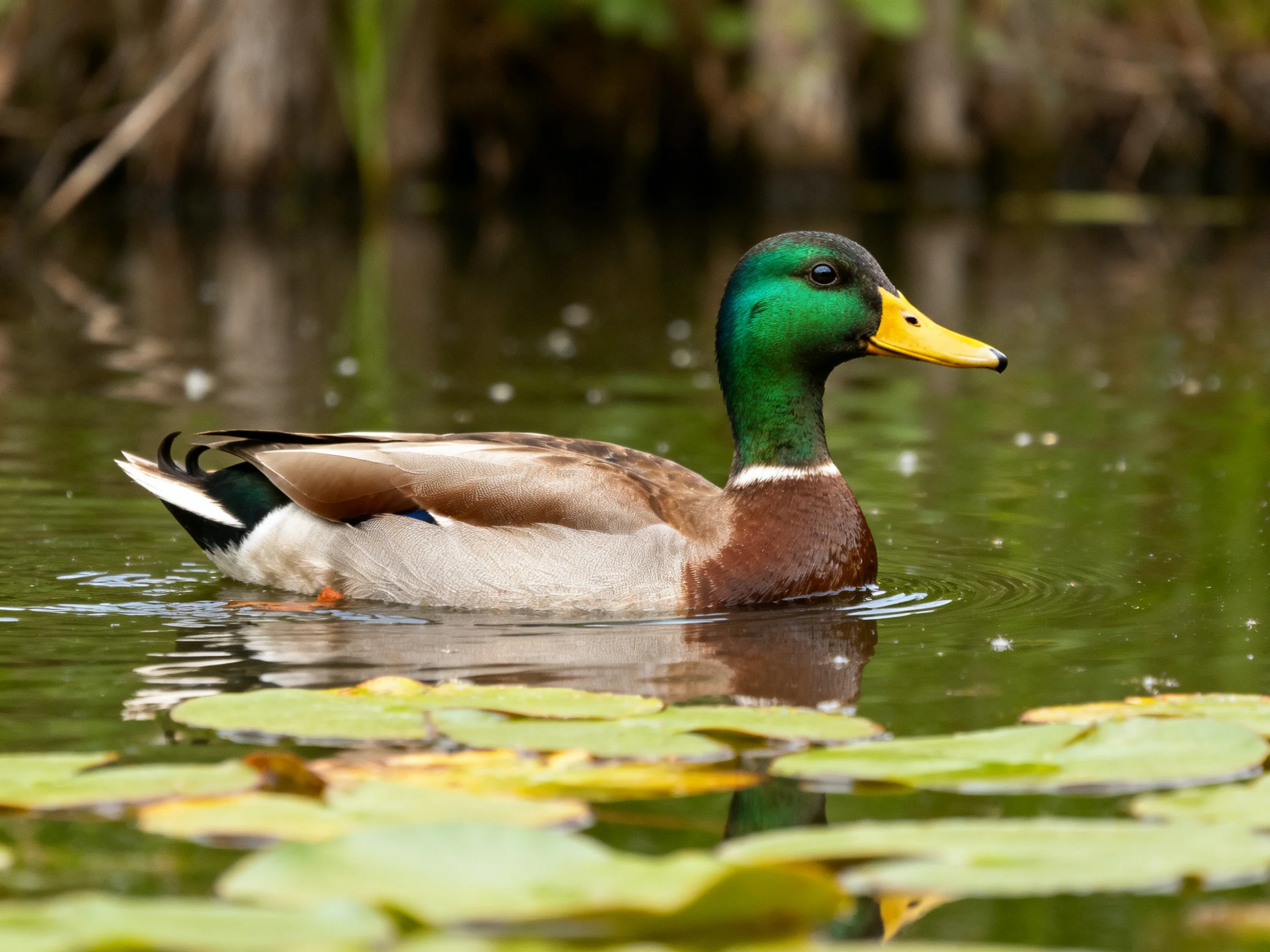A male mallard duck swims among lily pads in calm water