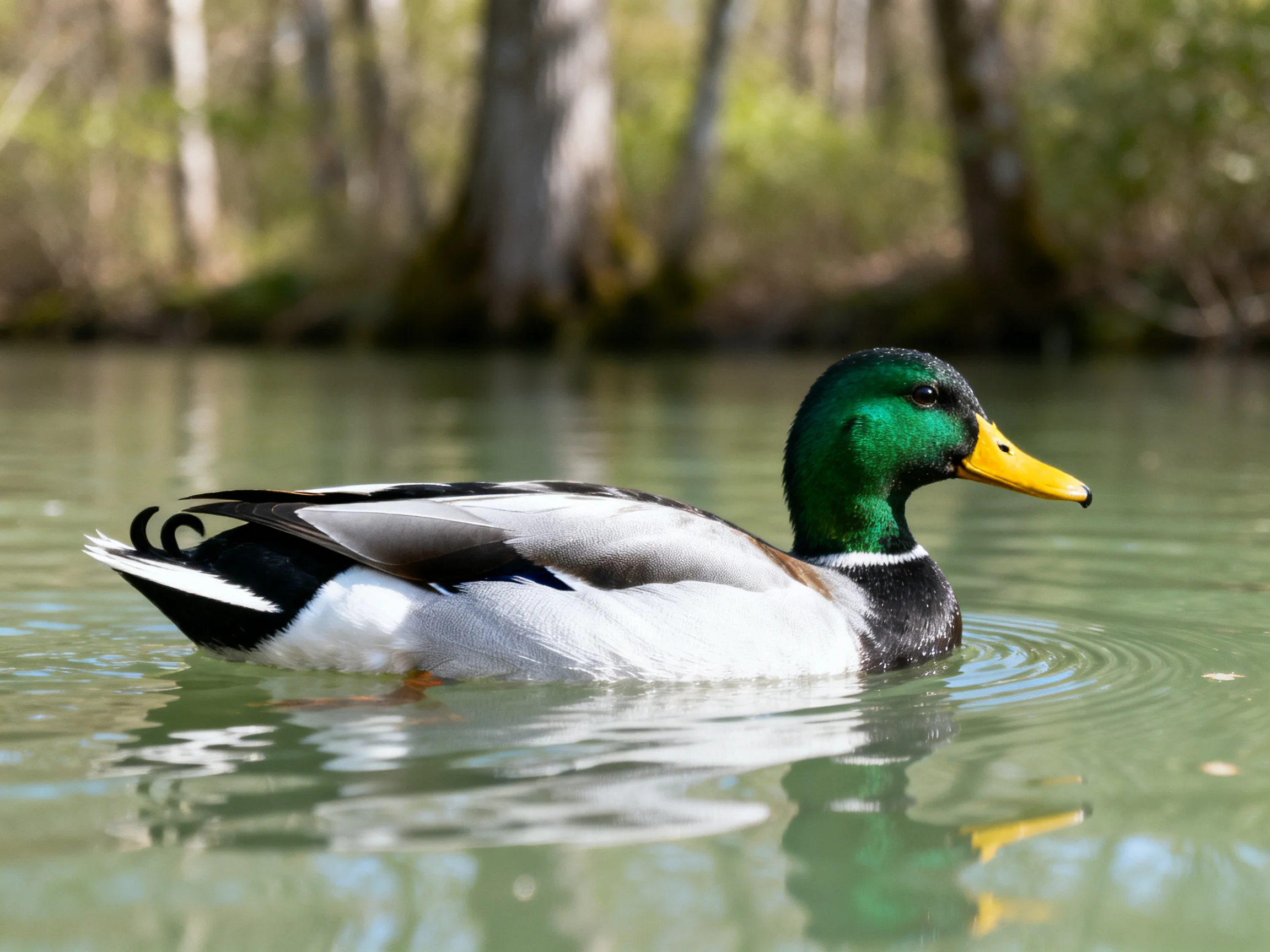 A male mallard duck swims in calm water near forested shoreline