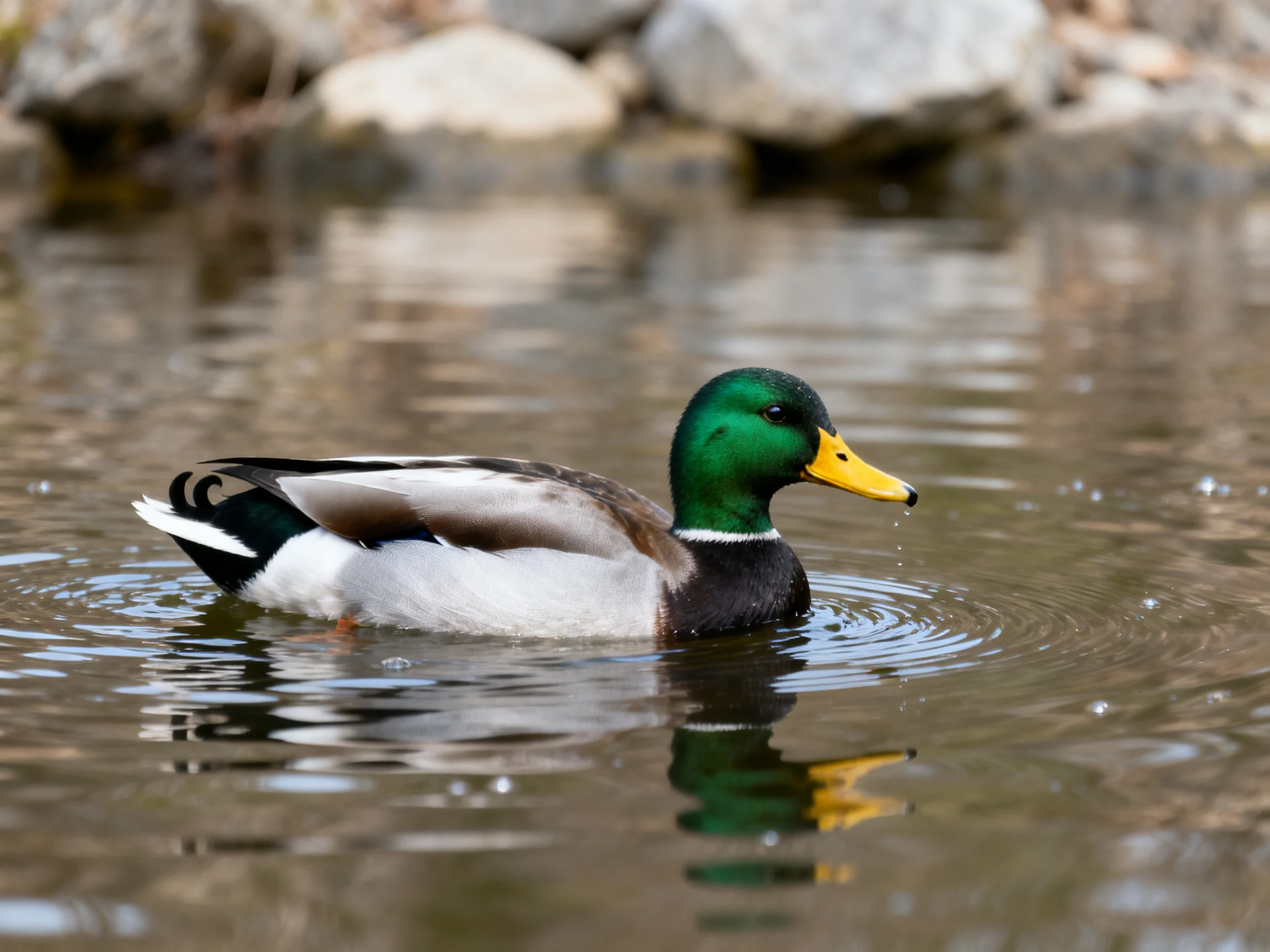 A male mallard duck swims in calm water near rocky shore