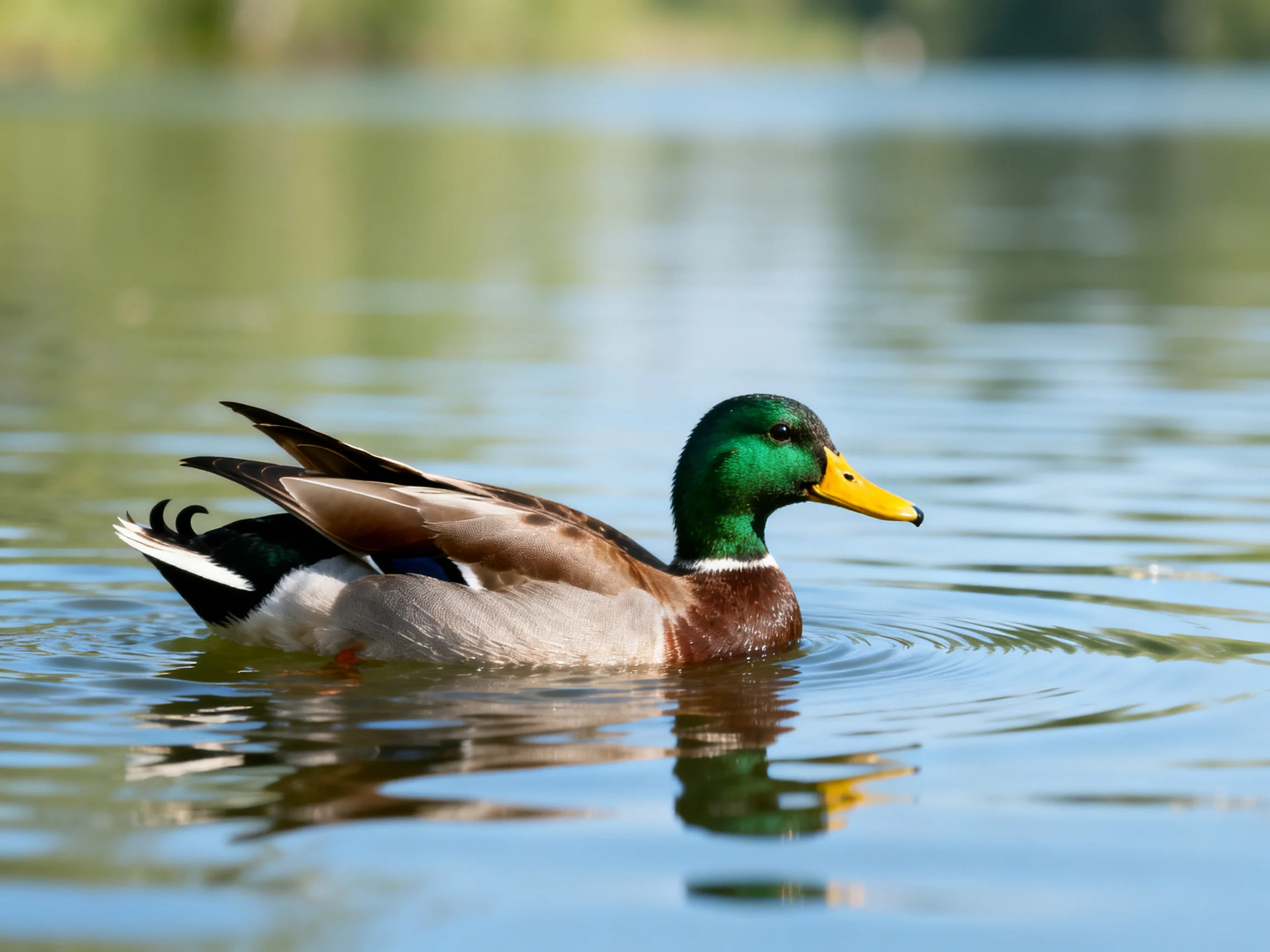 A male mallard duck swims in tranquil blue water