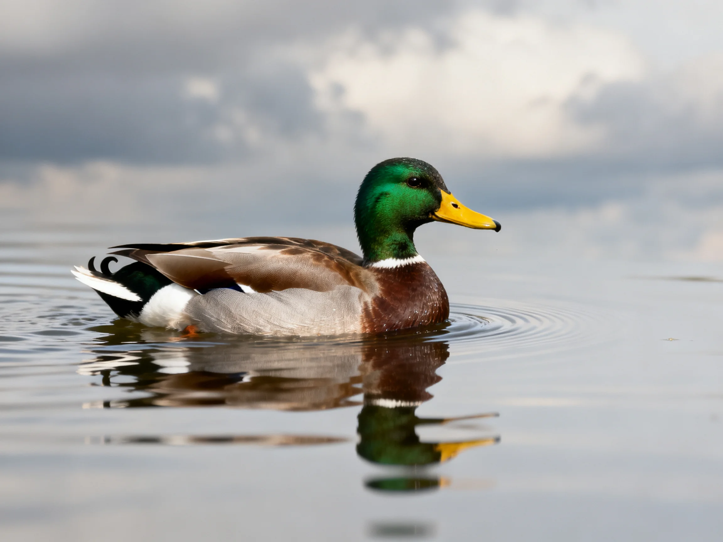 A male mallard duck swims in tranquil water