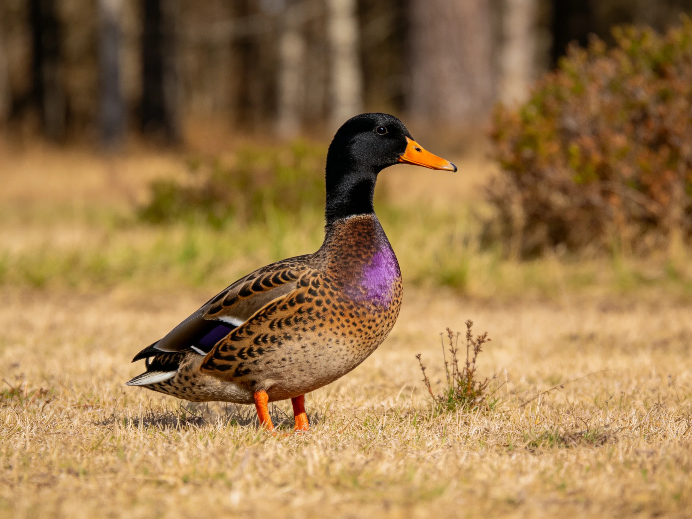 A male mallard duck with black head, orange bill, purple neck patch