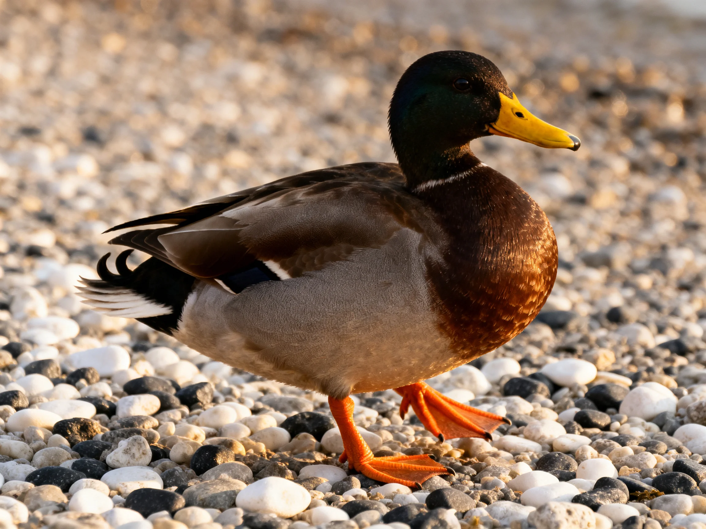 A male mallard duck with black head, yellow beak, on pebbles