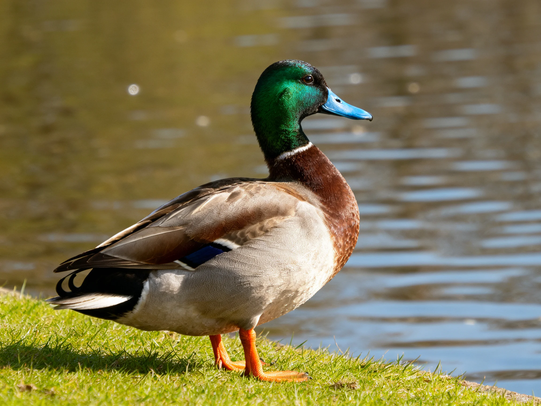 A male mallard duck with green head, blue beak, on grass by water