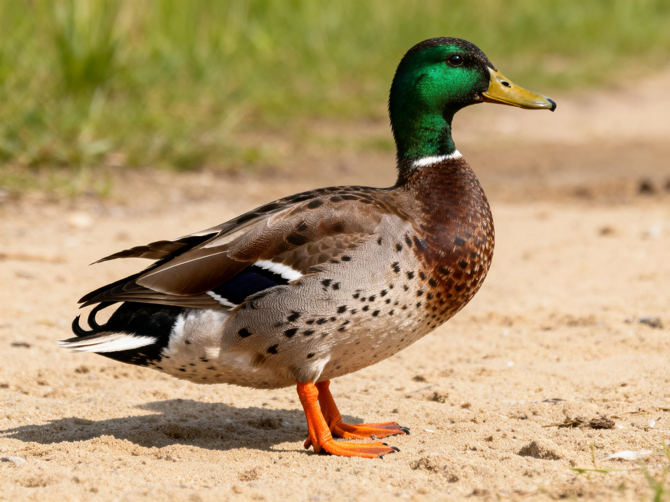 A male mallard duck with green head, brown chest, orange feet on sandy terrain