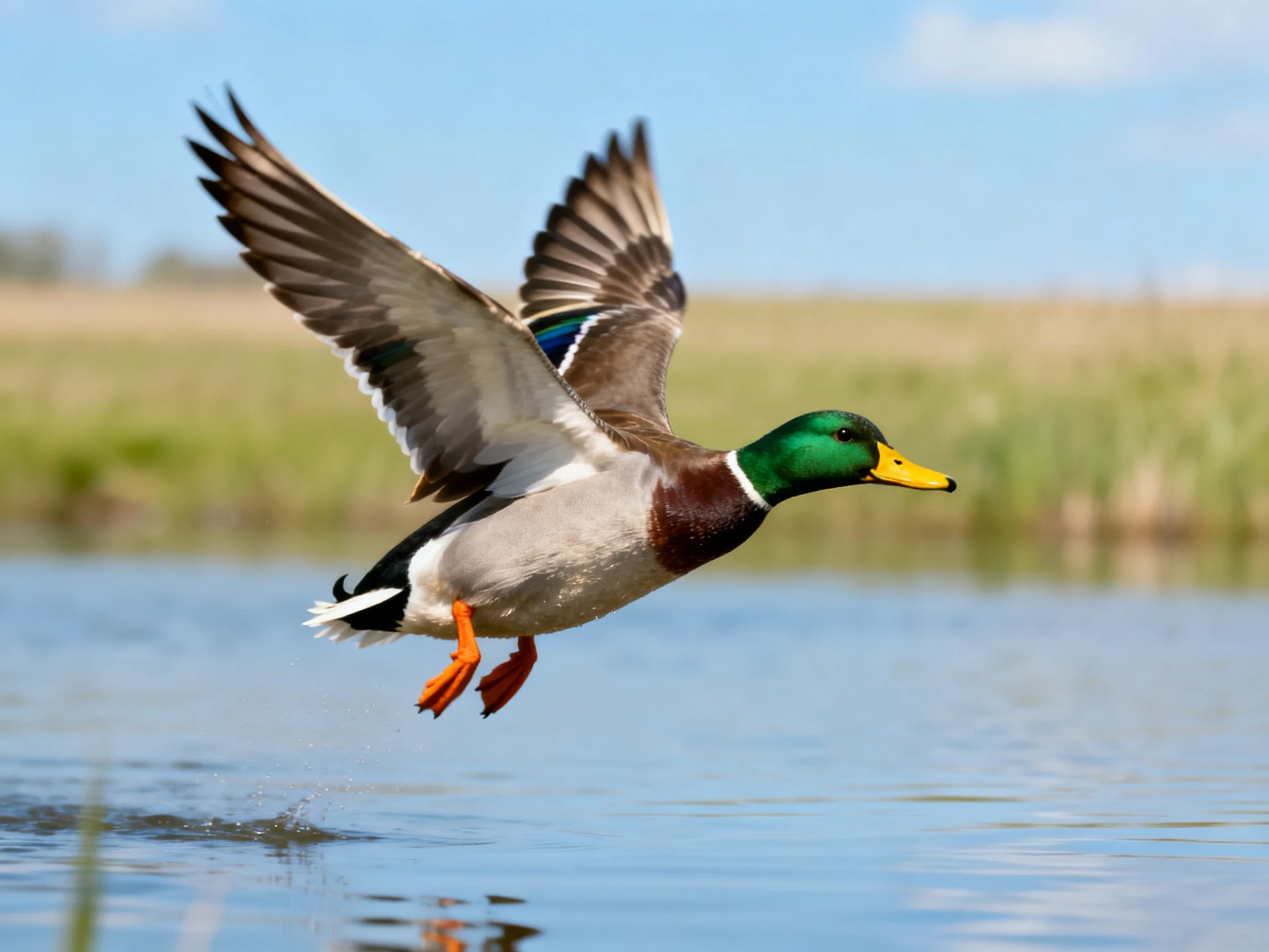A male mallard duck with green head flies low over water