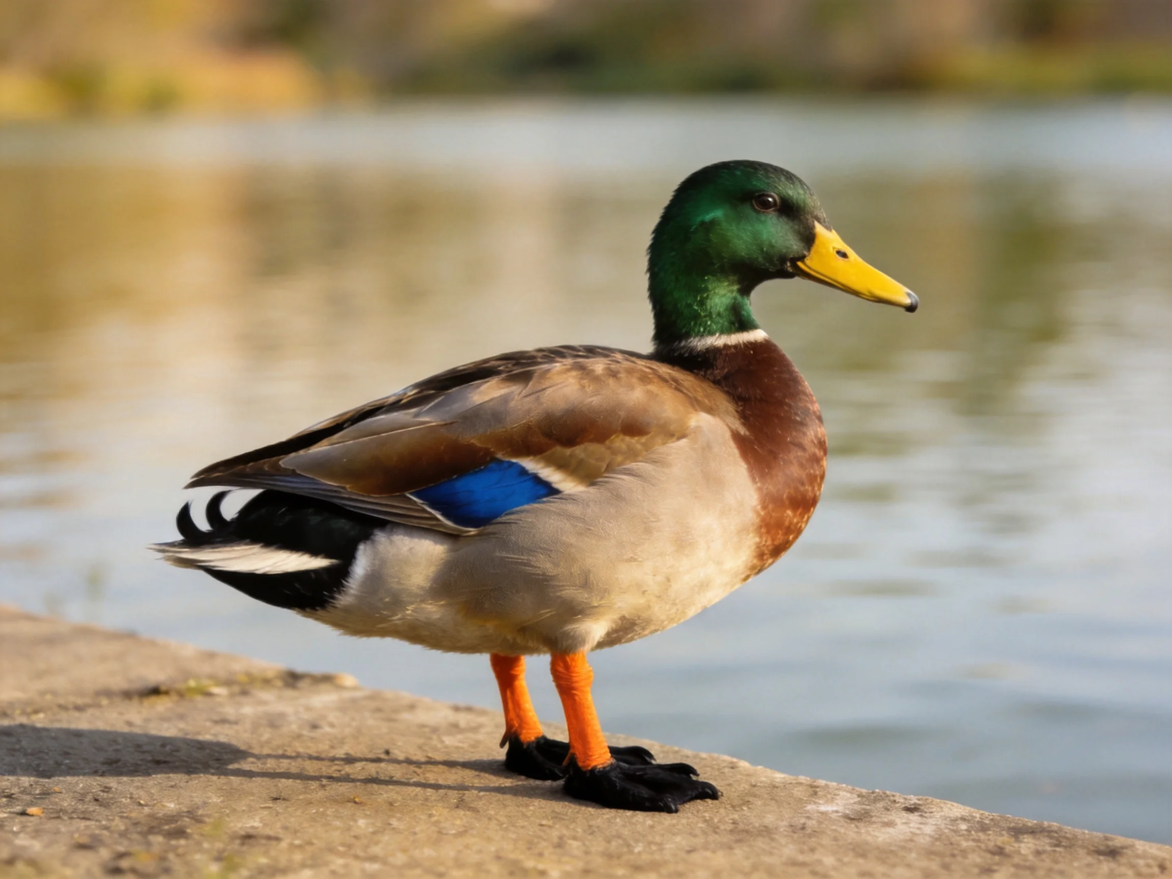 A male mallard duck with green head, yellow beak, and blue wing patch near water