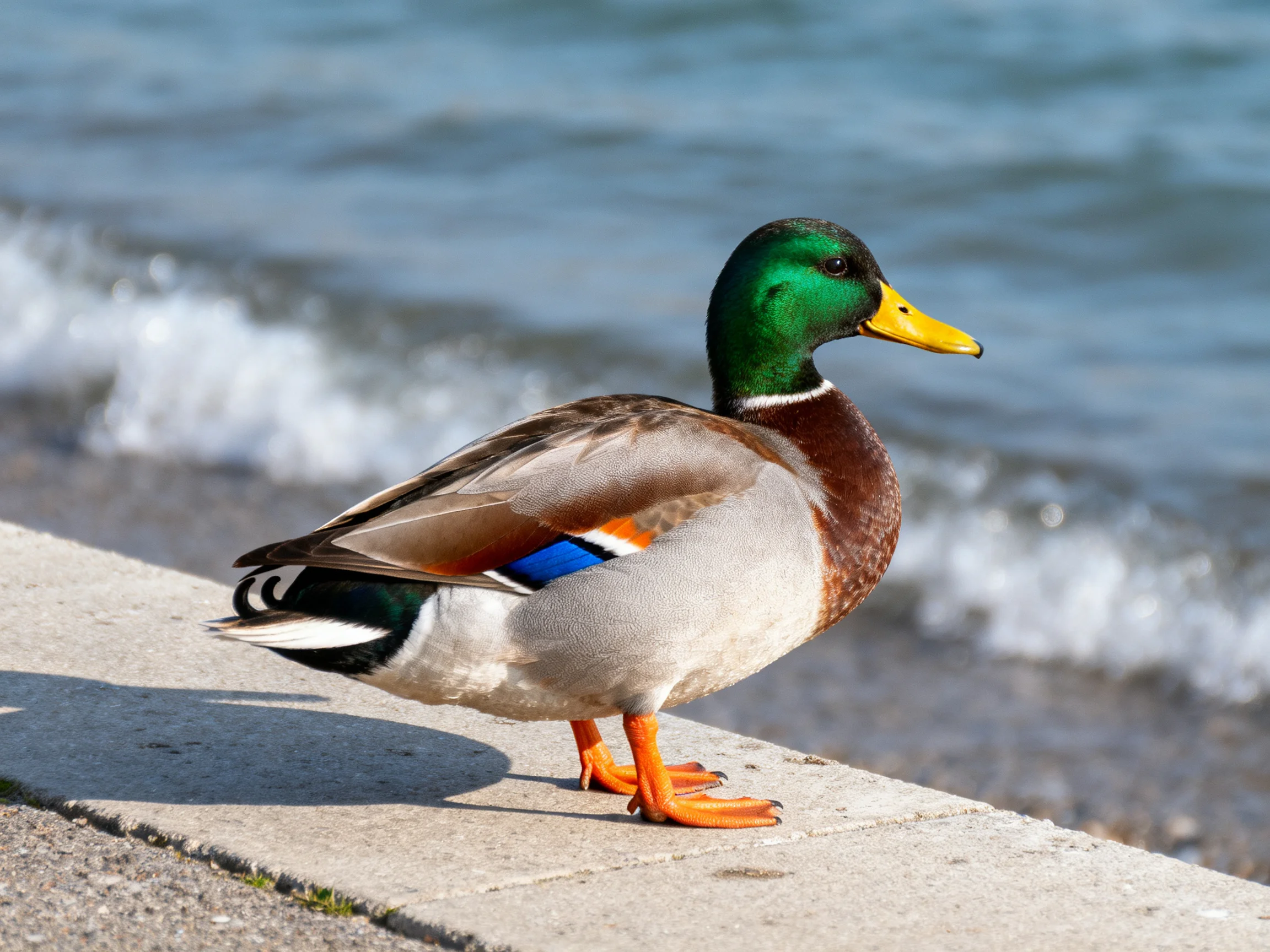 A male mallard duck with green head, yellow beak, and colorful plumage by water