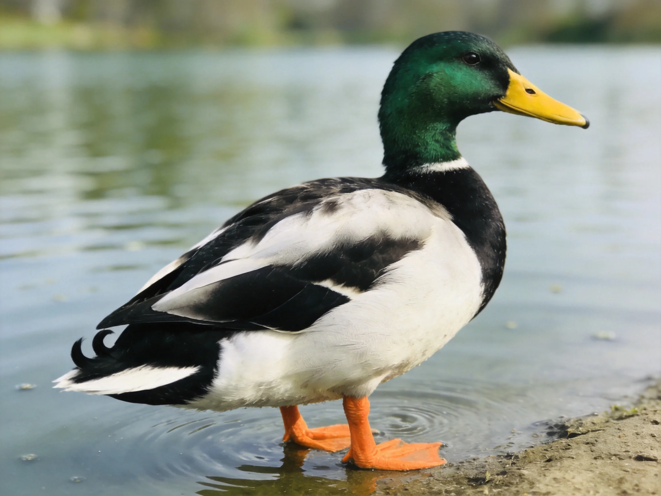 A male mallard duck with green head, yellow beak, black and white feathers, wading in shallow water.