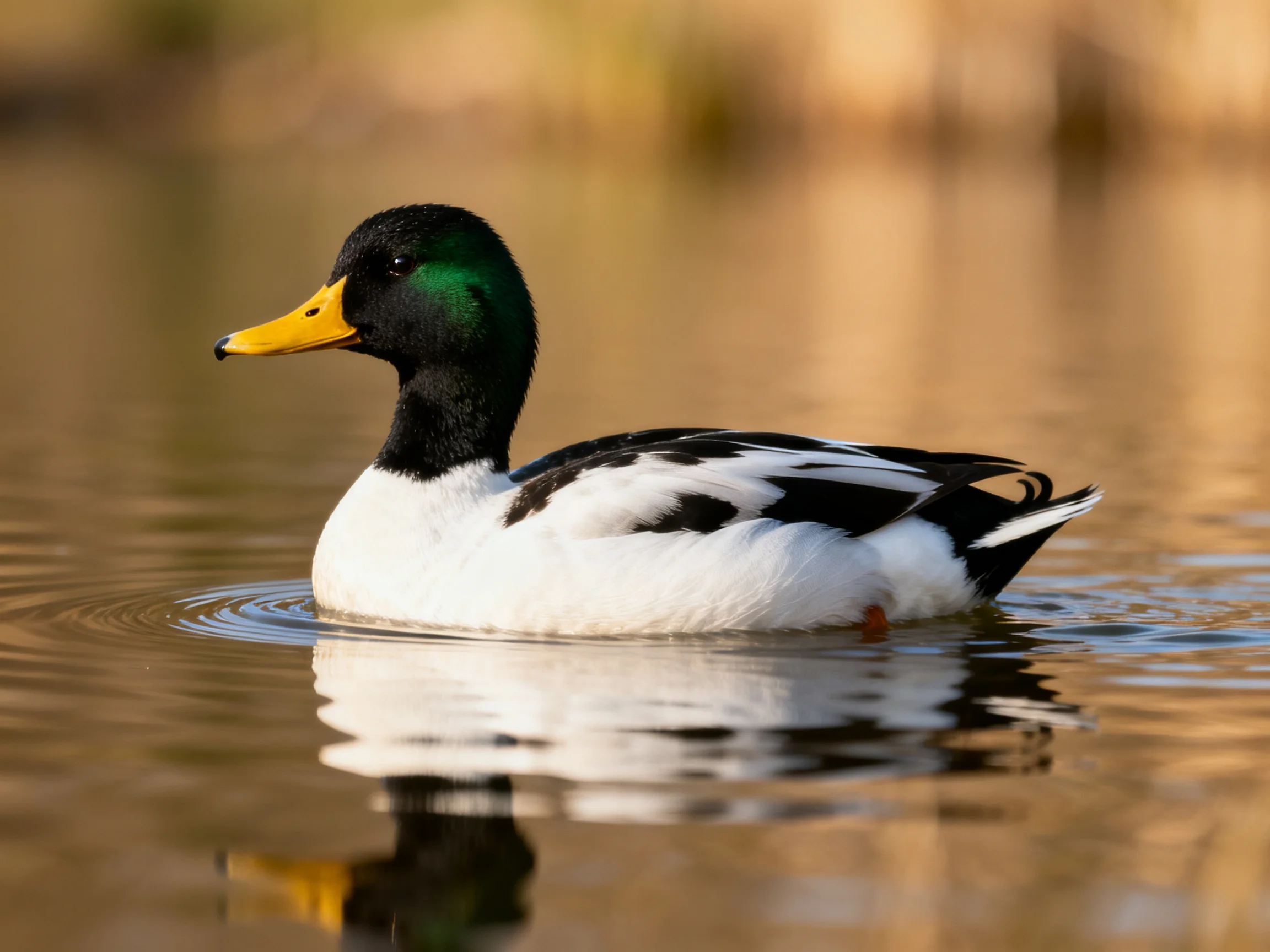 A male mallard duck with iridescent green head swims in calm water
