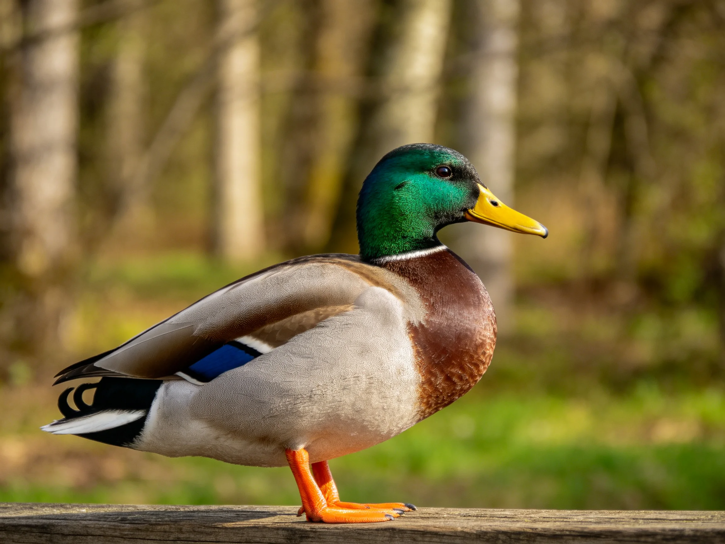 A male mallard duck with vibrant plumage perched on wood