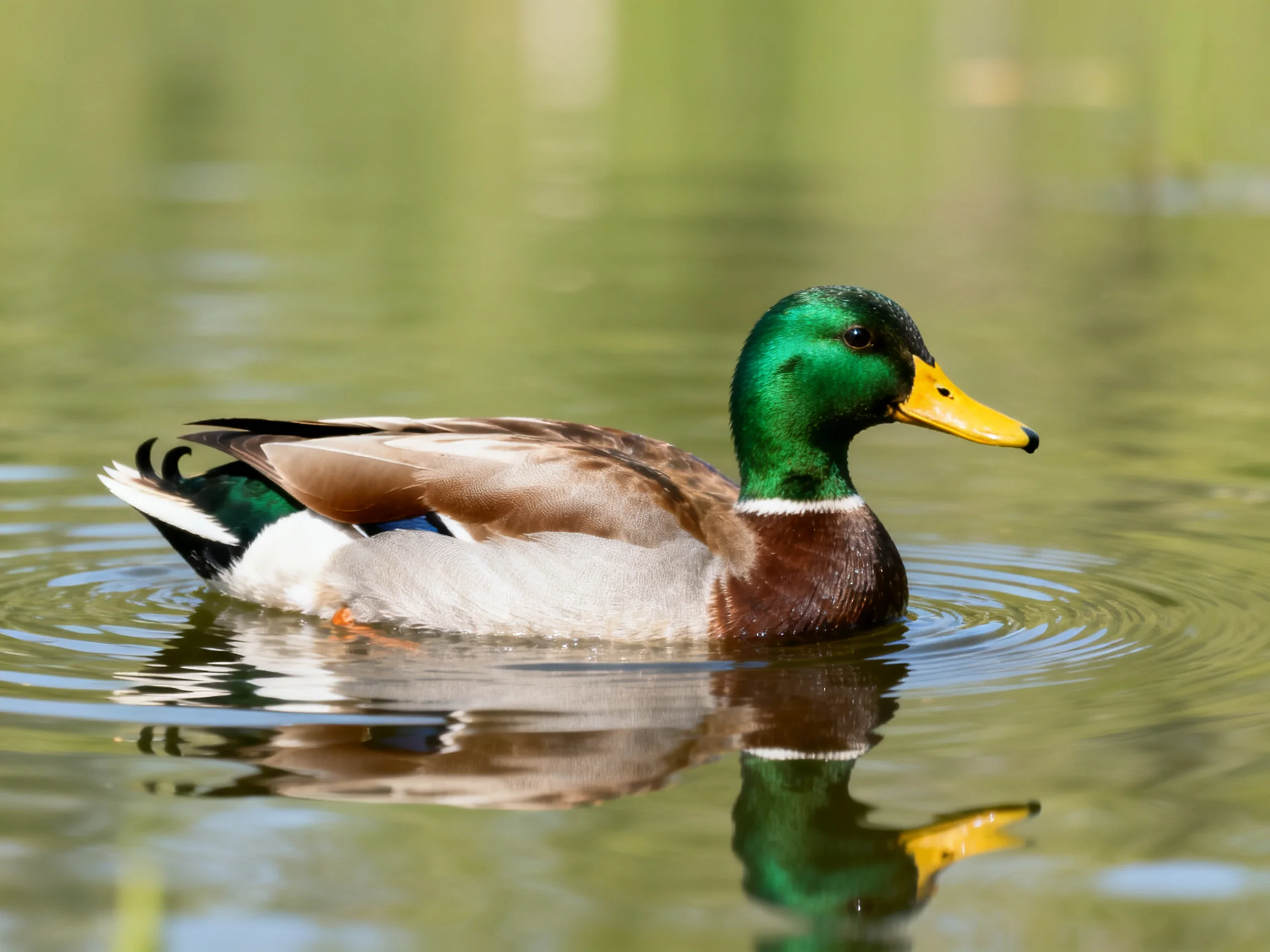 A male mallard duck with vibrant plumage swims in calm water
