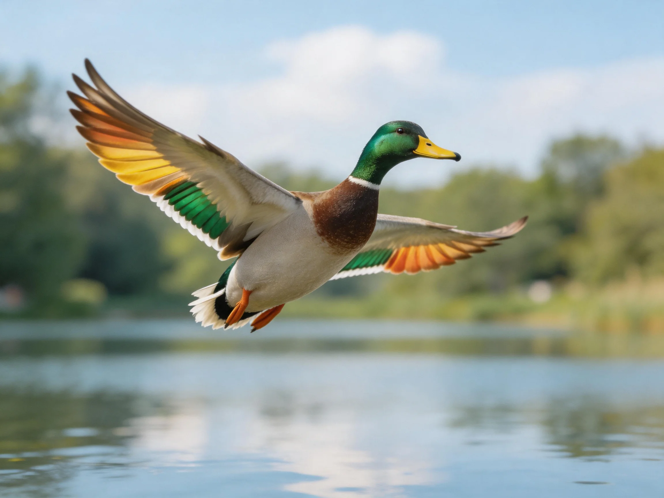 A mallard duck flies over calm water with colorful wings