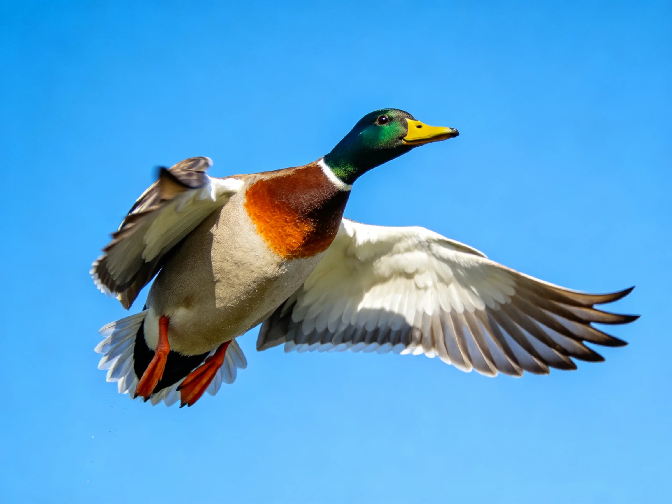 A mallard duck flies with vibrant colors against a clear blue sky