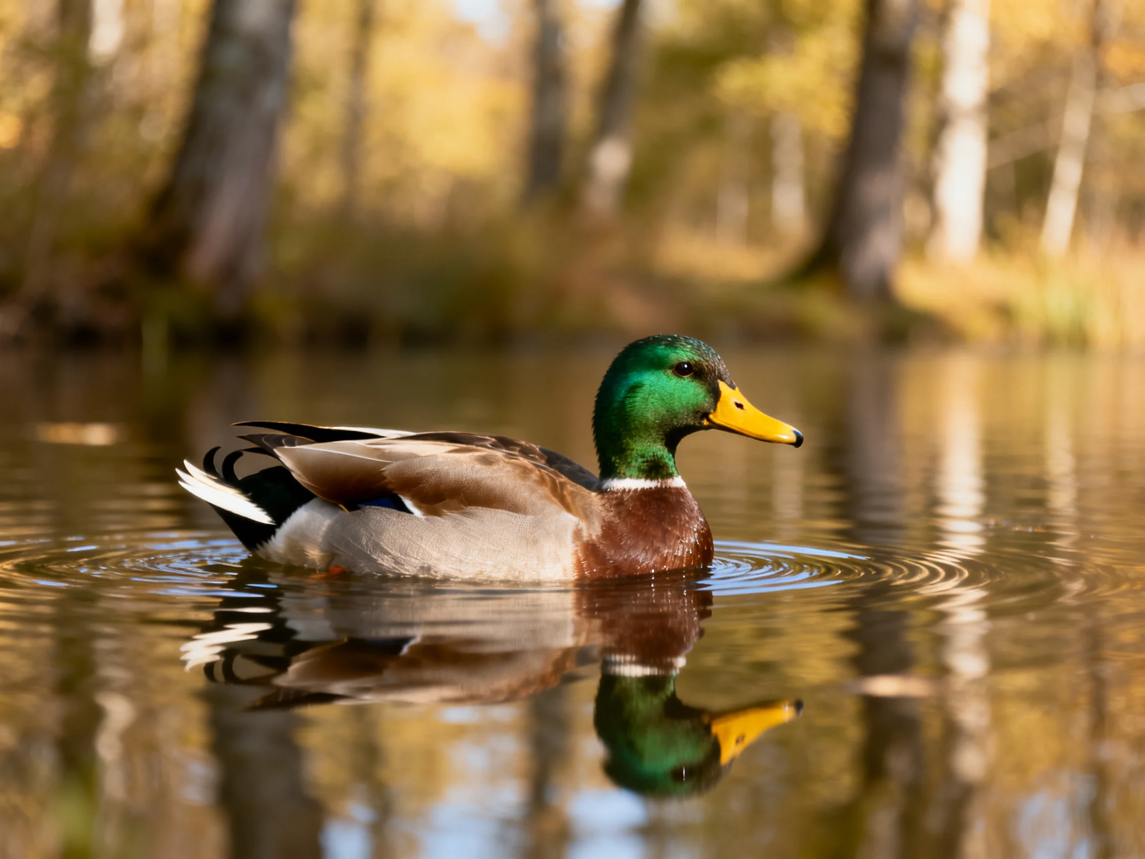 A mallard duck glides on calm water amid autumnal trees