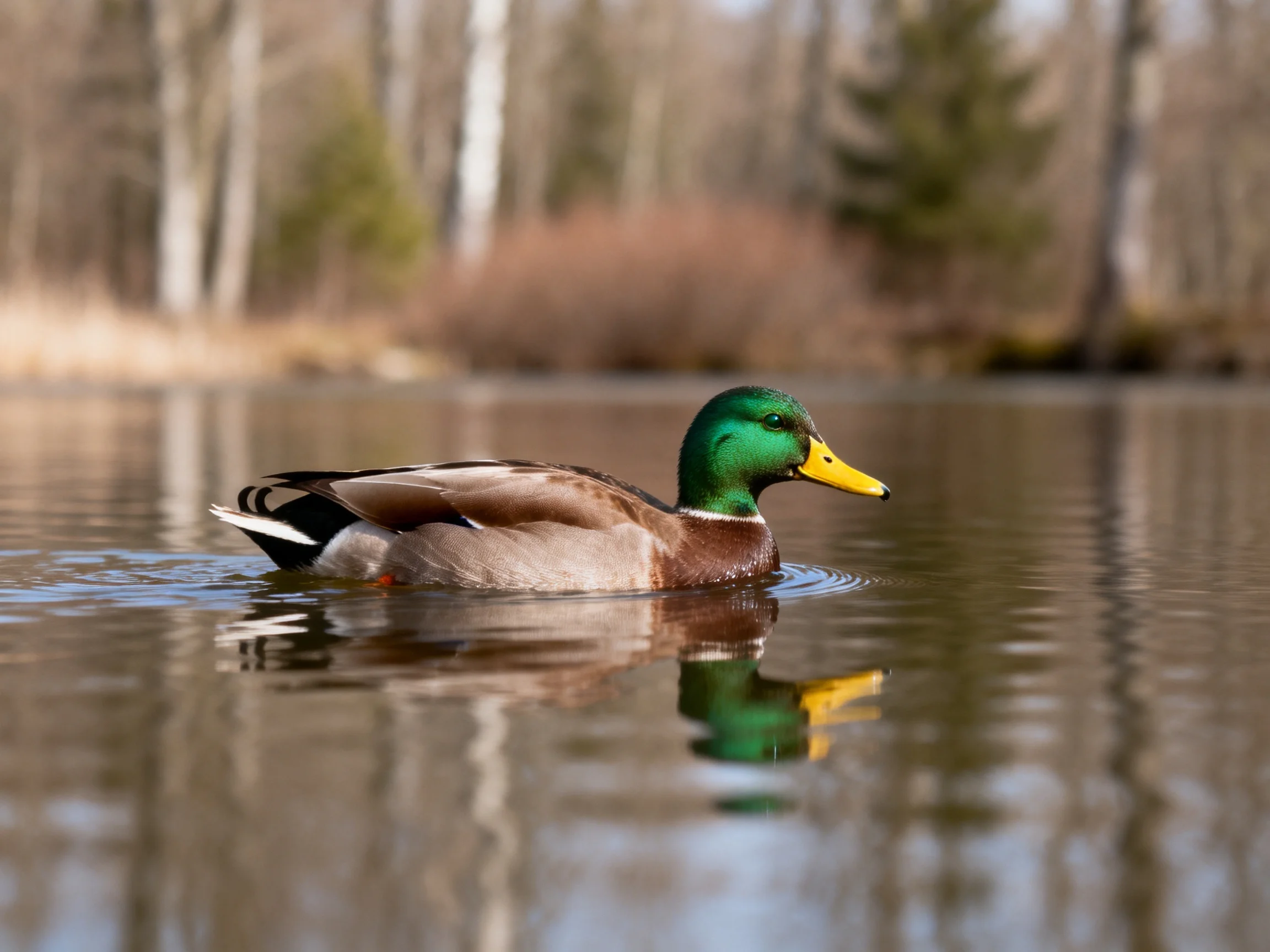 A mallard duck glides on calm water with forest backdrop.
